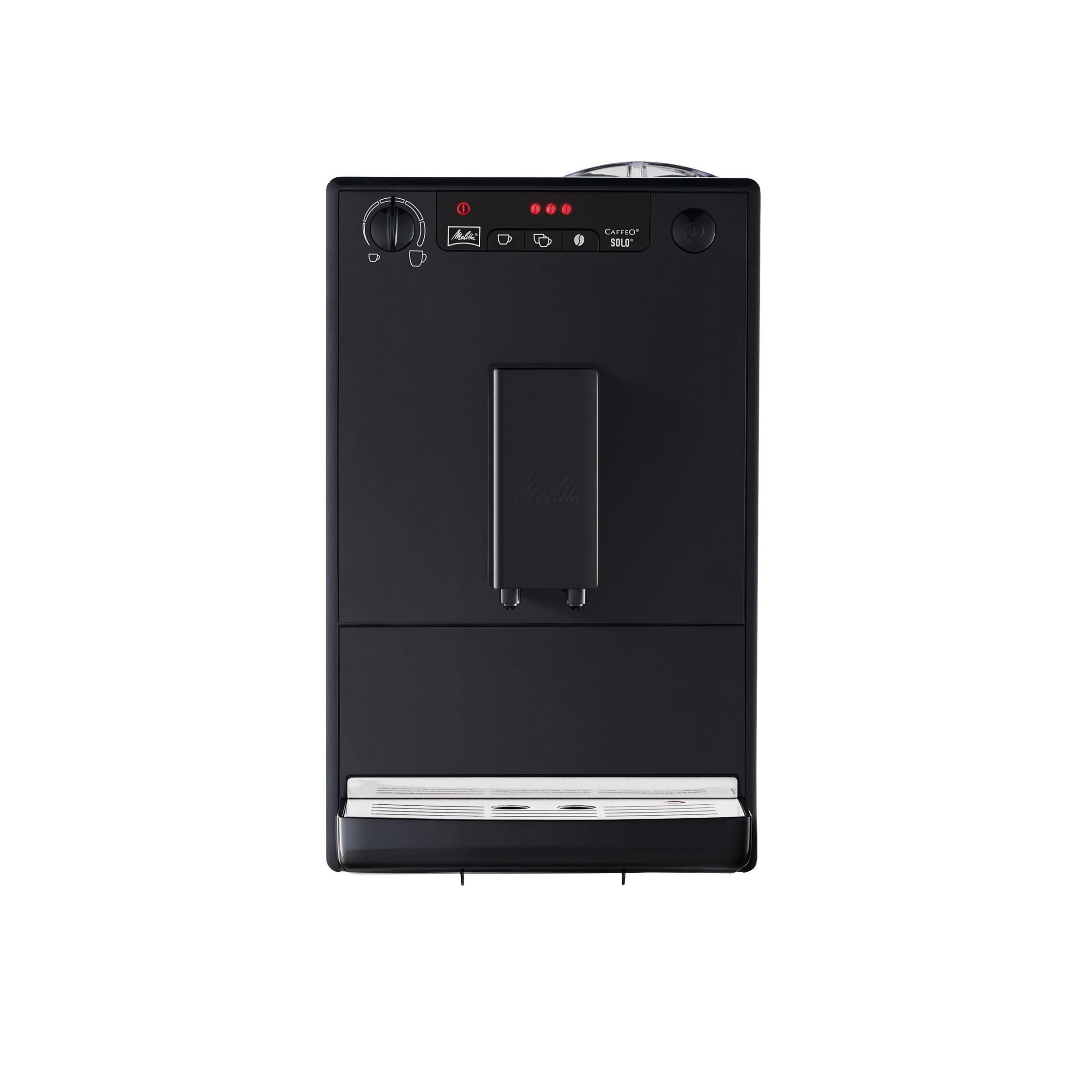 Czarny ekspres do kawy z panelem sterowania. Marka Melitta jest widoczna.