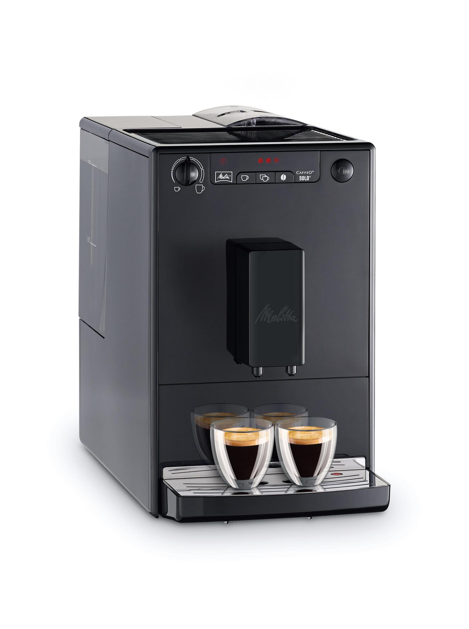 Czarny ekspres do kawy Melitta. Dwie szklanki z kawą poniżej.