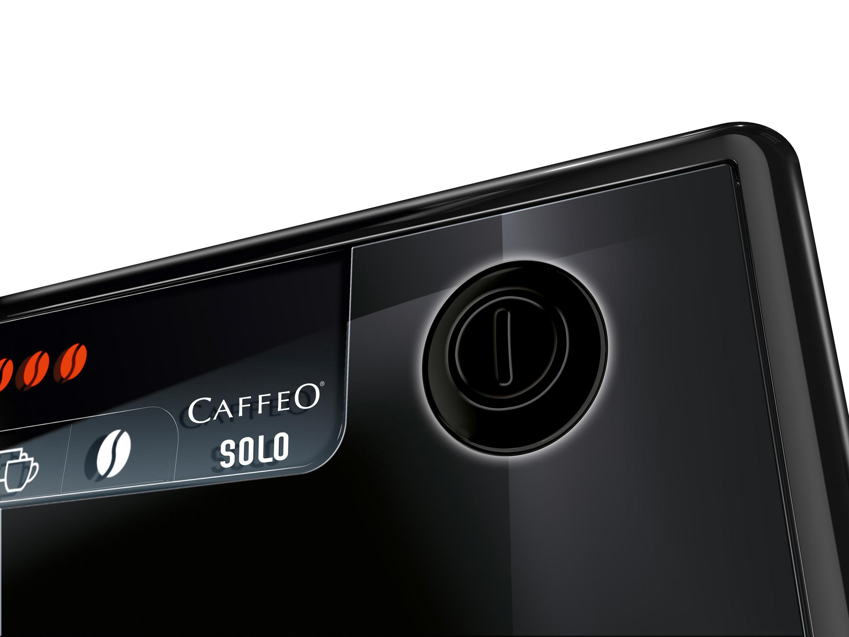 Zbliżenie czarnego ekspresu do kawy Caffeo Solo z przyciskiem zasilania i ikonami kawy.