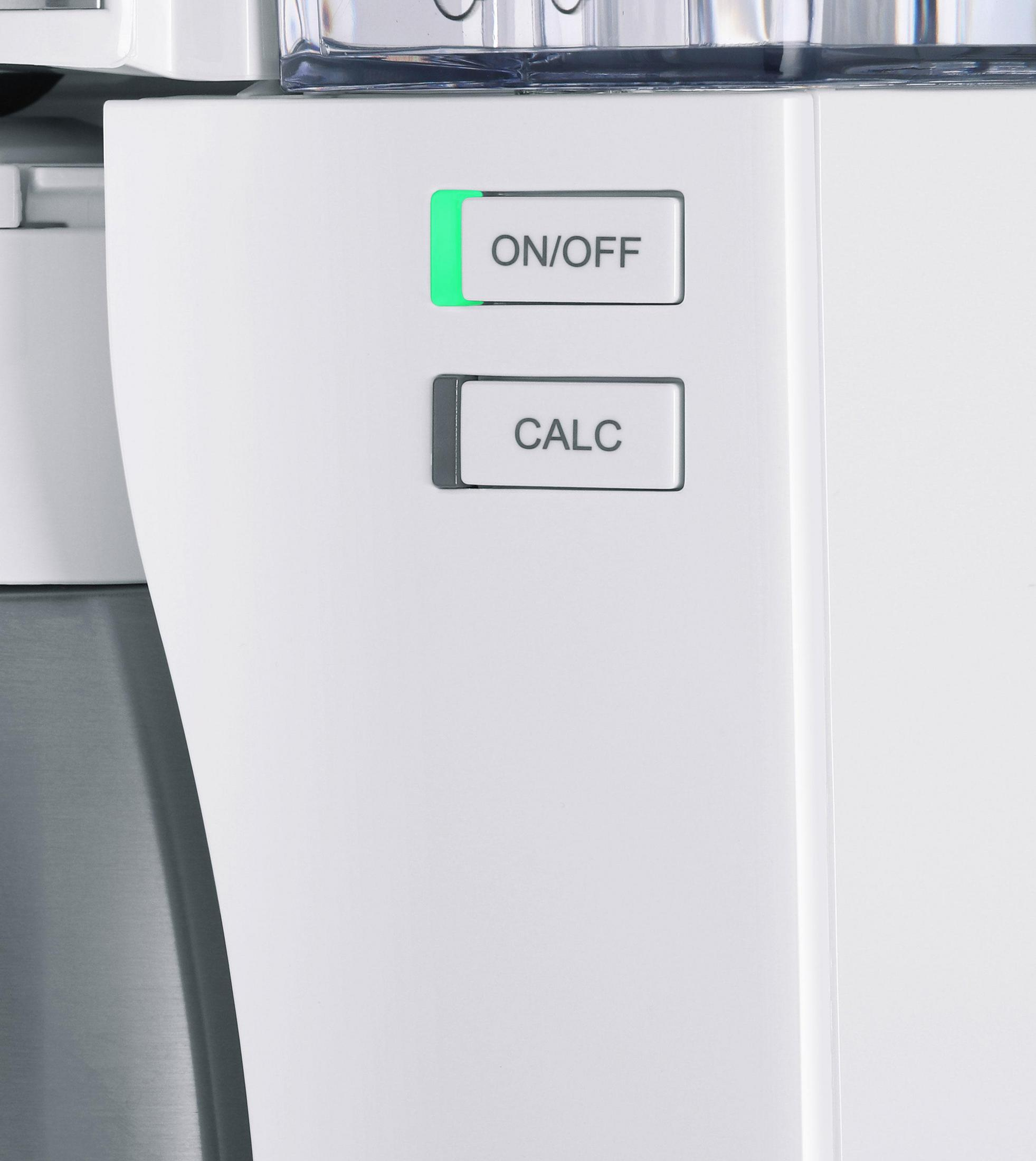 Białe urządzenie z przyciskami 'ON/OFF' i 'CALC' podświetlonymi na zielono.