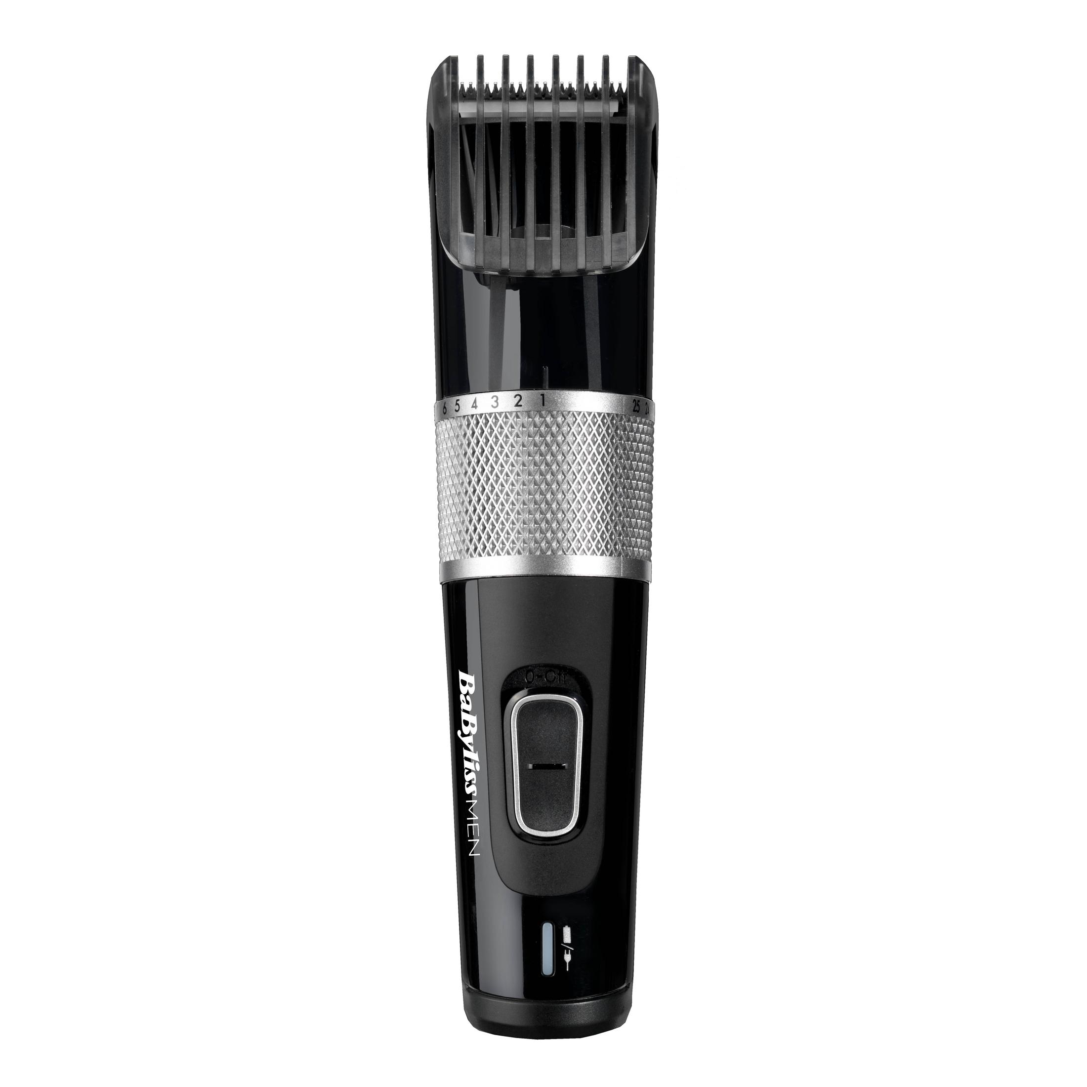 Trimmer Babyliss nero con fascia argentata, pulsante nero e impostazioni numerate.