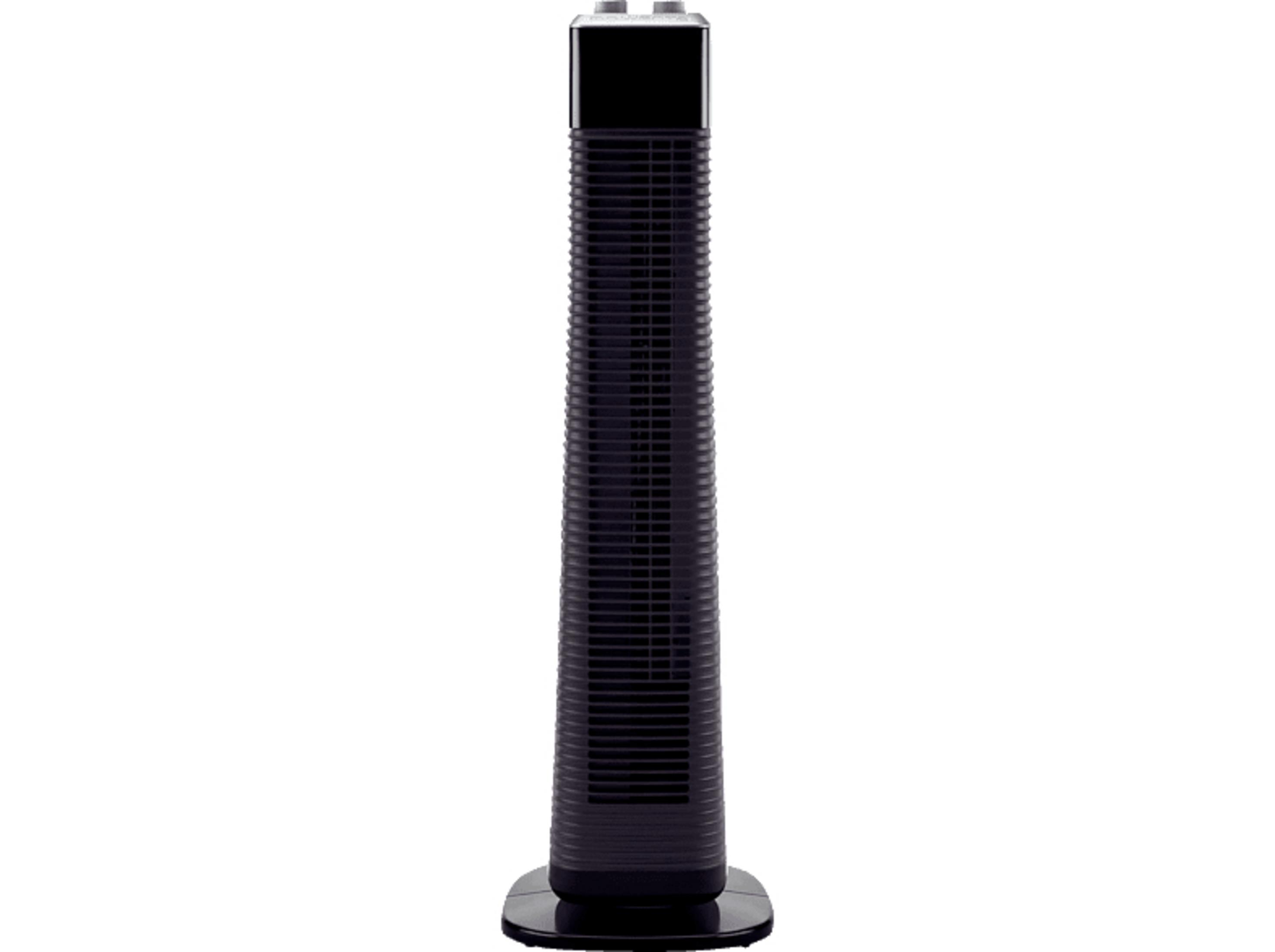 Ventilador de torre negro alto sobre fondo blanco.