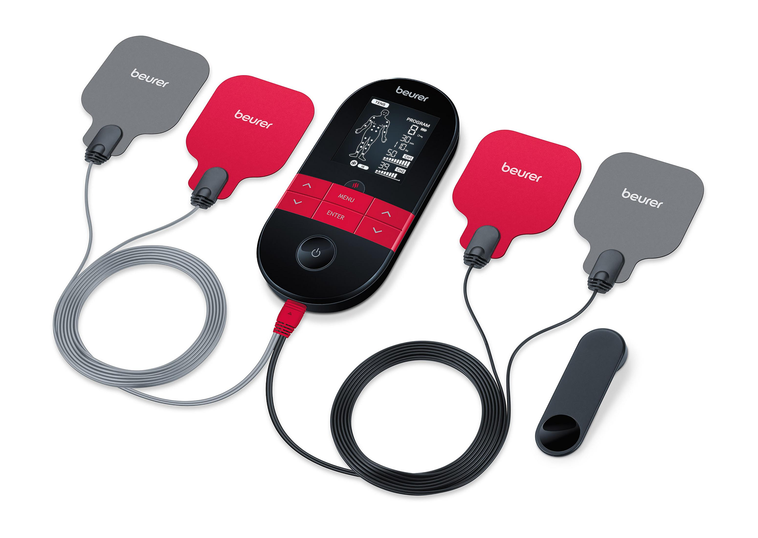 Dispositivo TENS Beurer con almohadillas, cables y mando, sobre blanco.