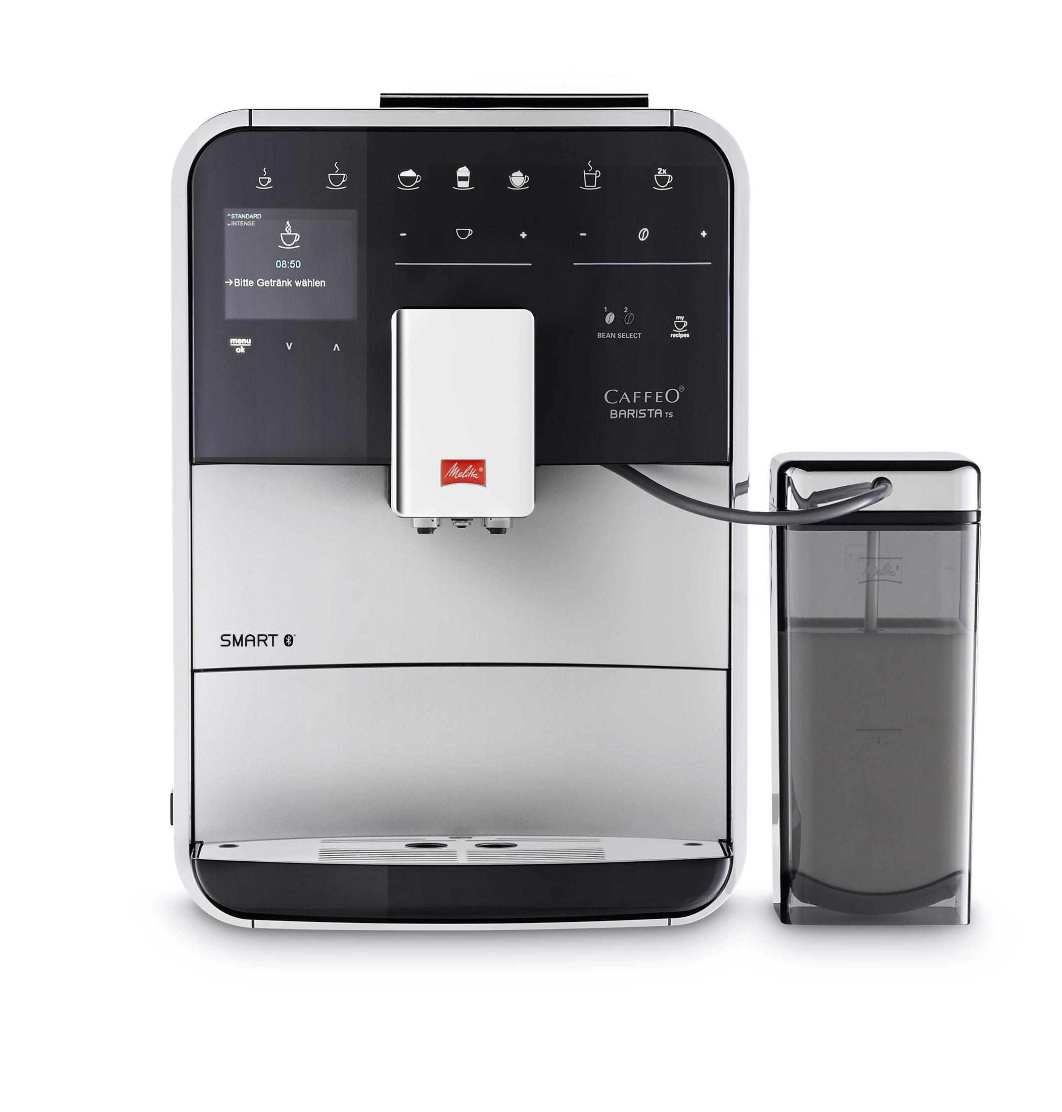 Eine silberne und schwarze Kaffeemaschine mit separatem Wassertank.