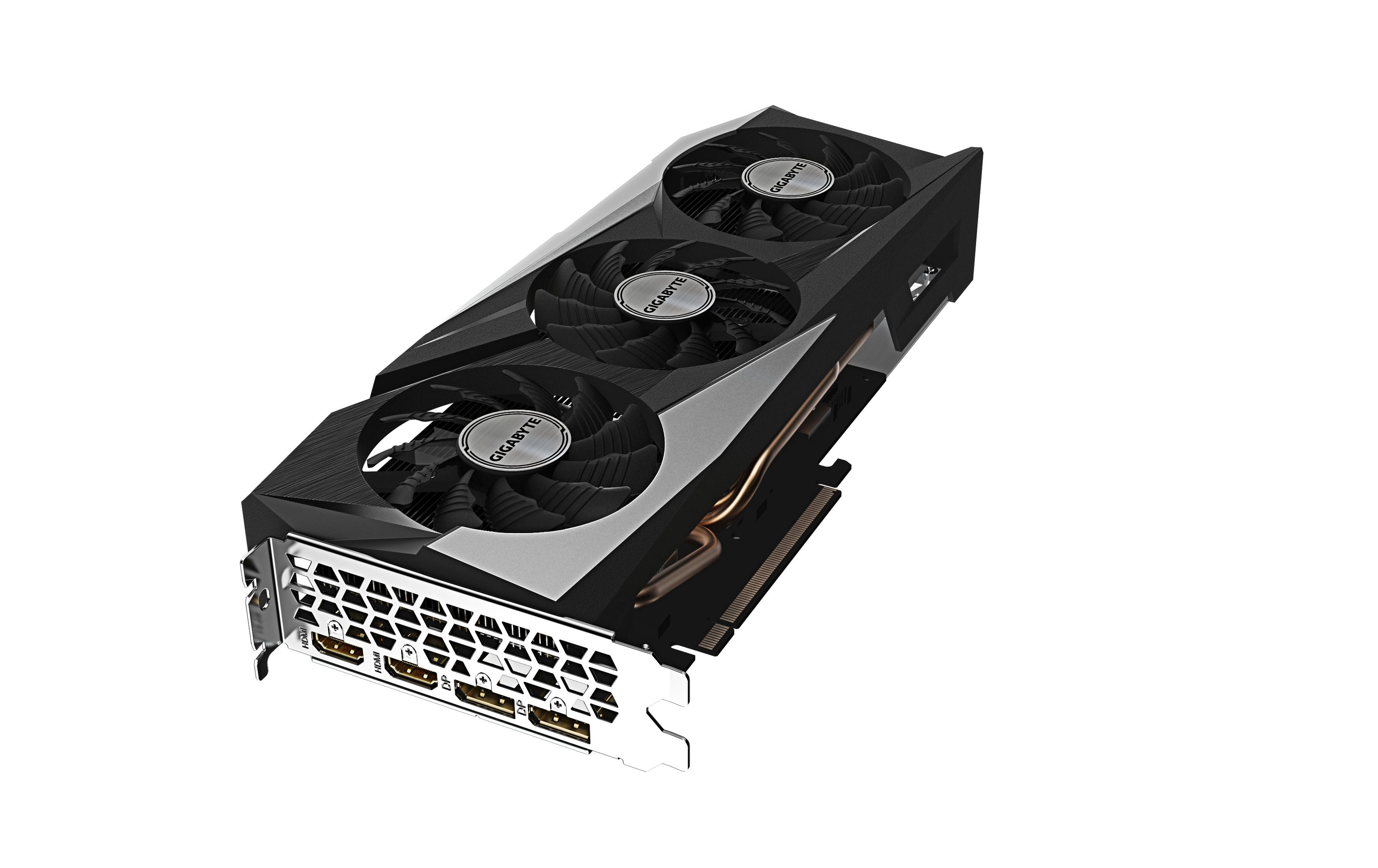 Czarna i srebrna karta graficzna z trzema wentylatorami, biała powierzchnia, widok z góry.