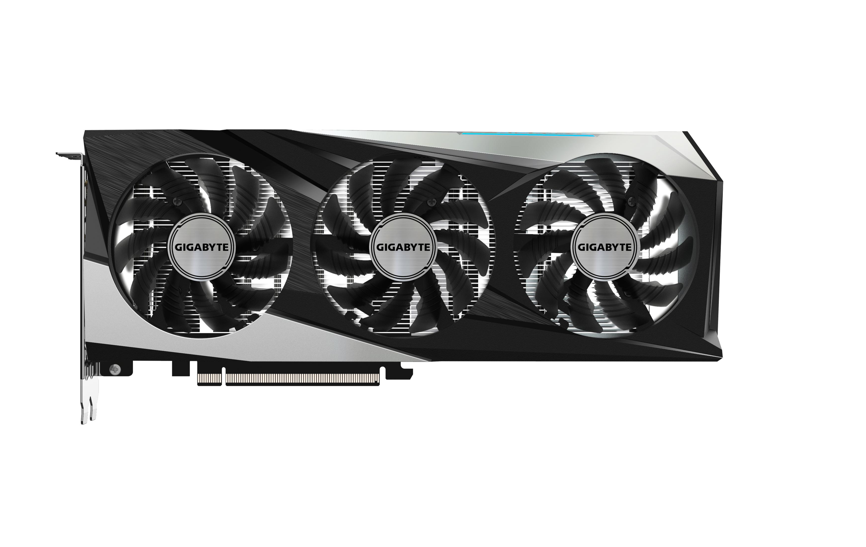 Czarna i srebrna karta graficzna z trzema wentylatorami.