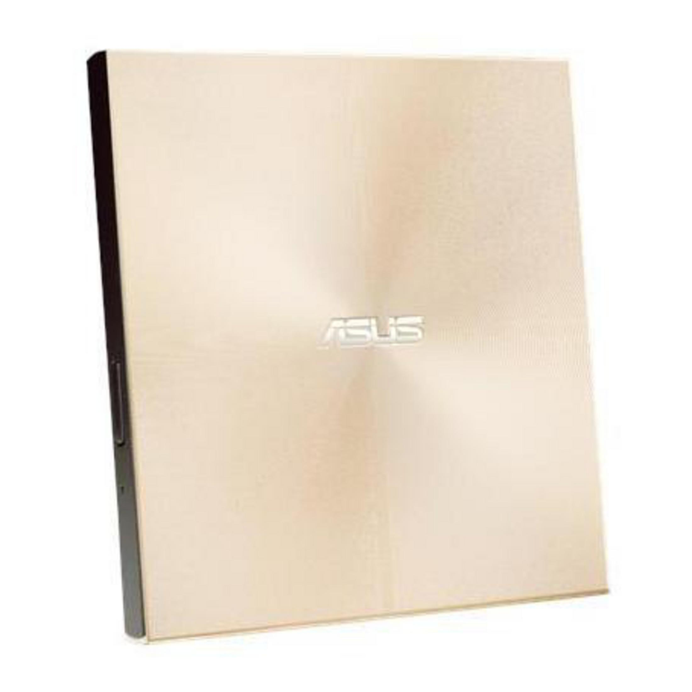 Una unidad externa de CD/DVD ASUS de color dorado sobre un fondo blanco.