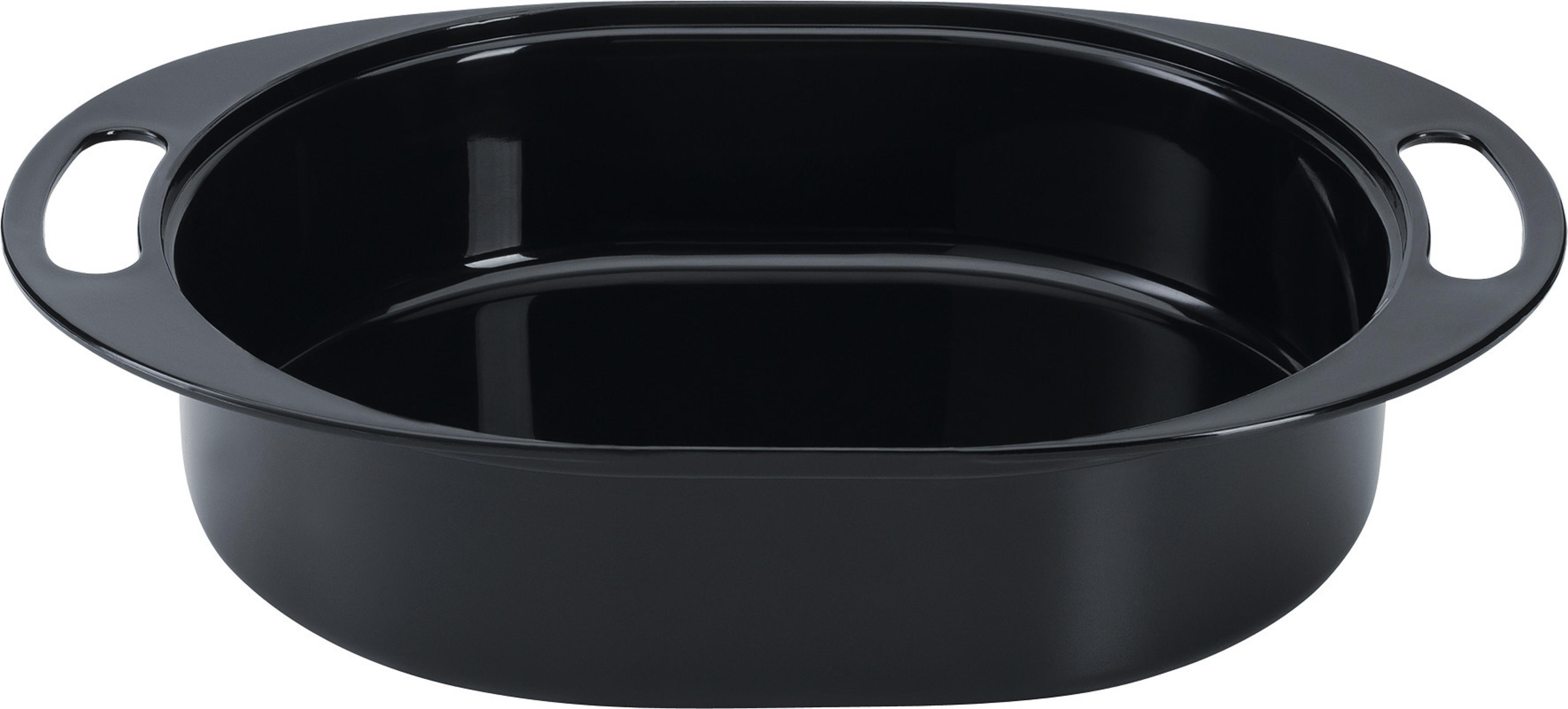 Eine schwarze, oval geformte Bratpfanne. Es hat zwei Griffaussparungen an den Seiten.
