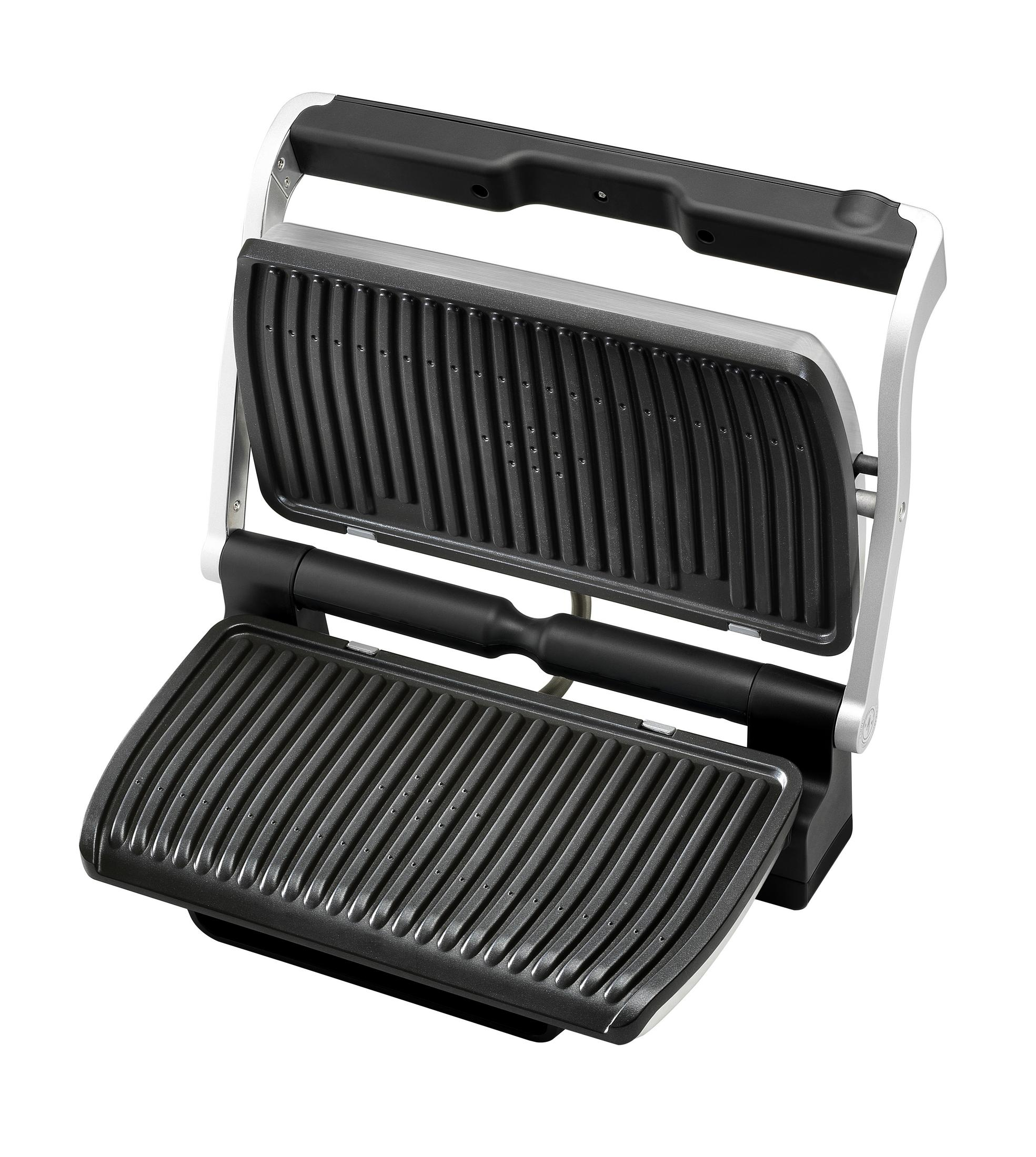 Geöffnete silberne und schwarze Panini-Presse, einsatzbereit, weißer Hintergrund.