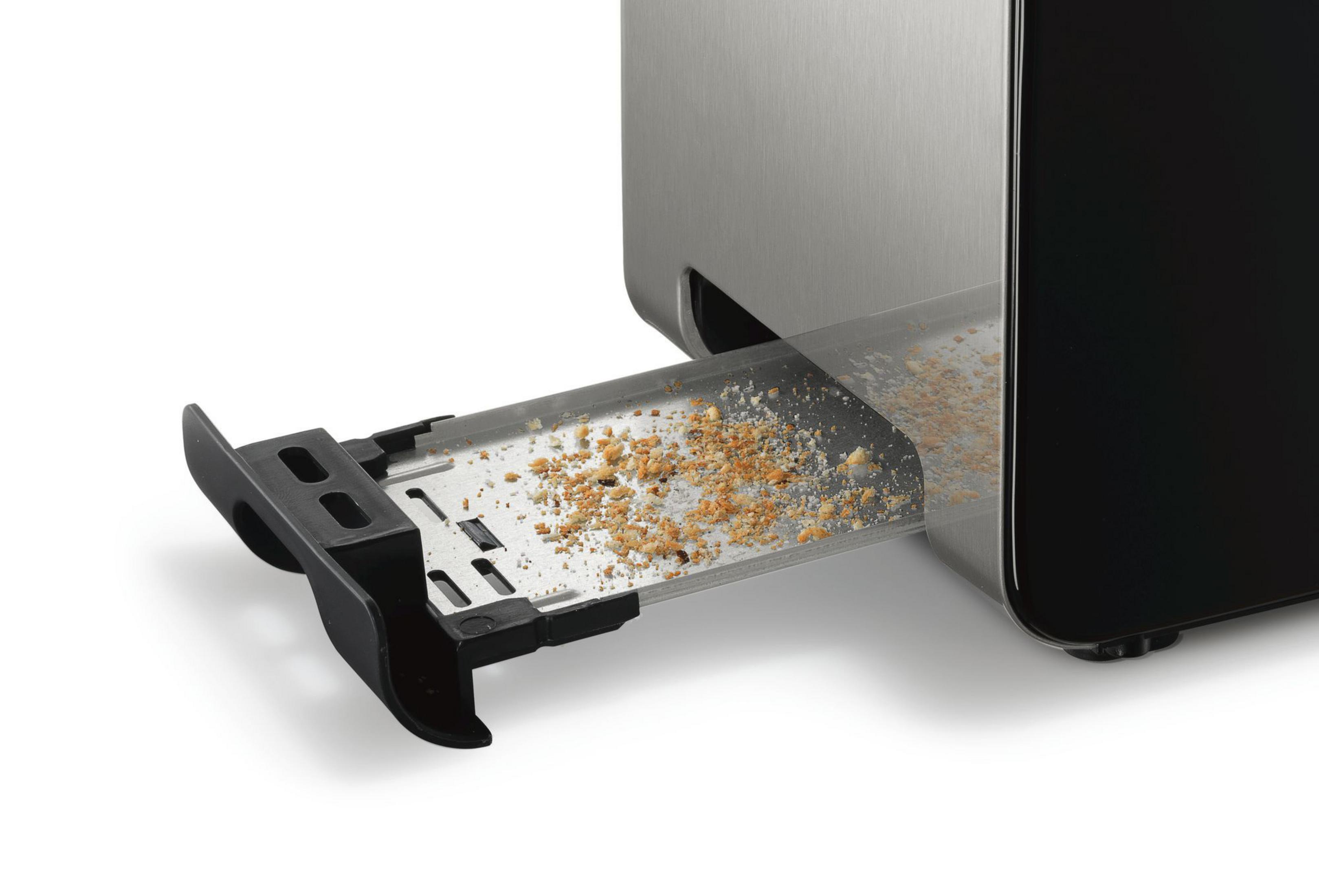Toaster Krümelschublade mit Krümeln, Edelstahl und schwarzes Design, weißer Hintergrund.