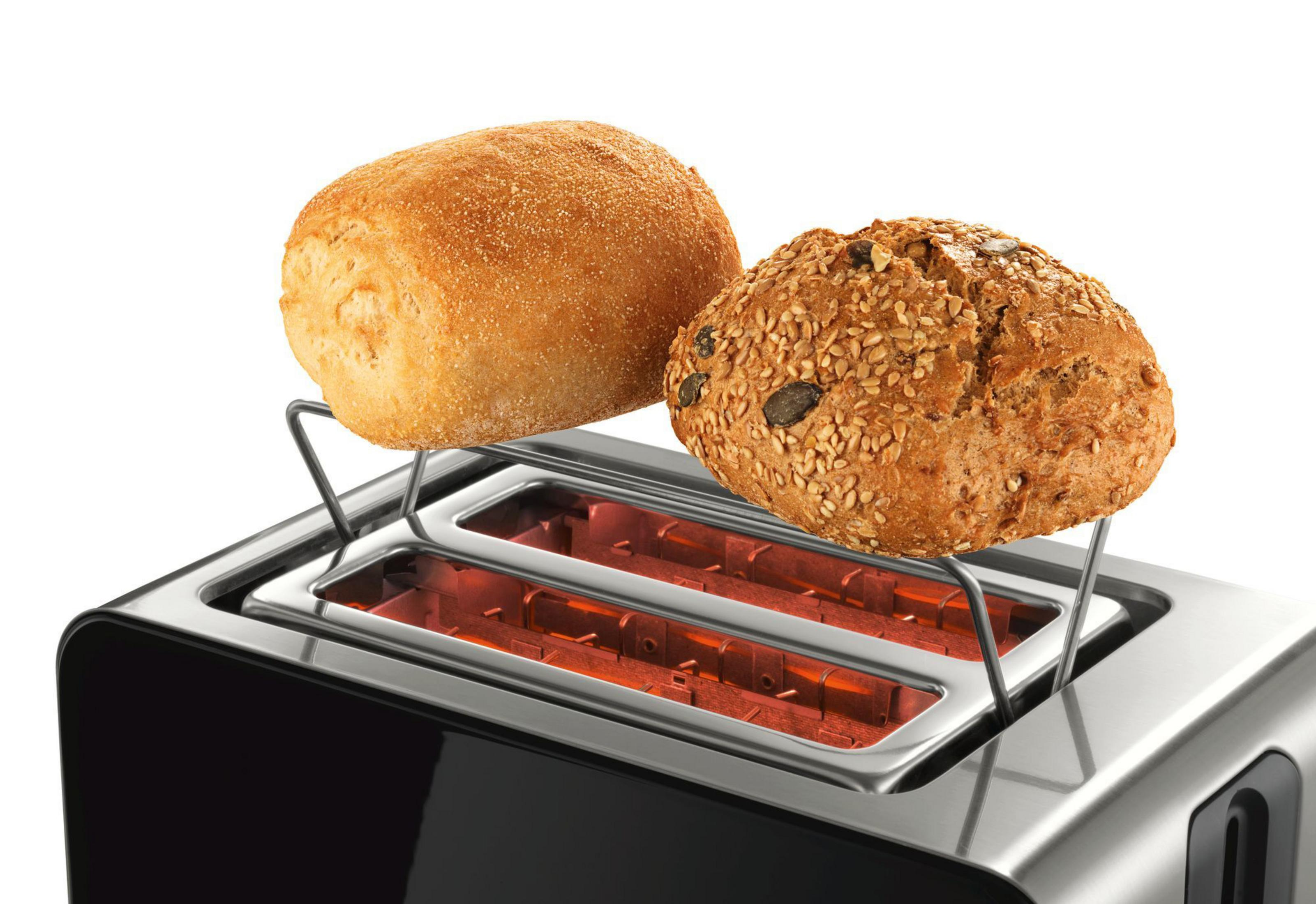 Ein Toaster mit zwei Brotscheiben, eine braune und eine mit Samen, und roten Heizschlangen.