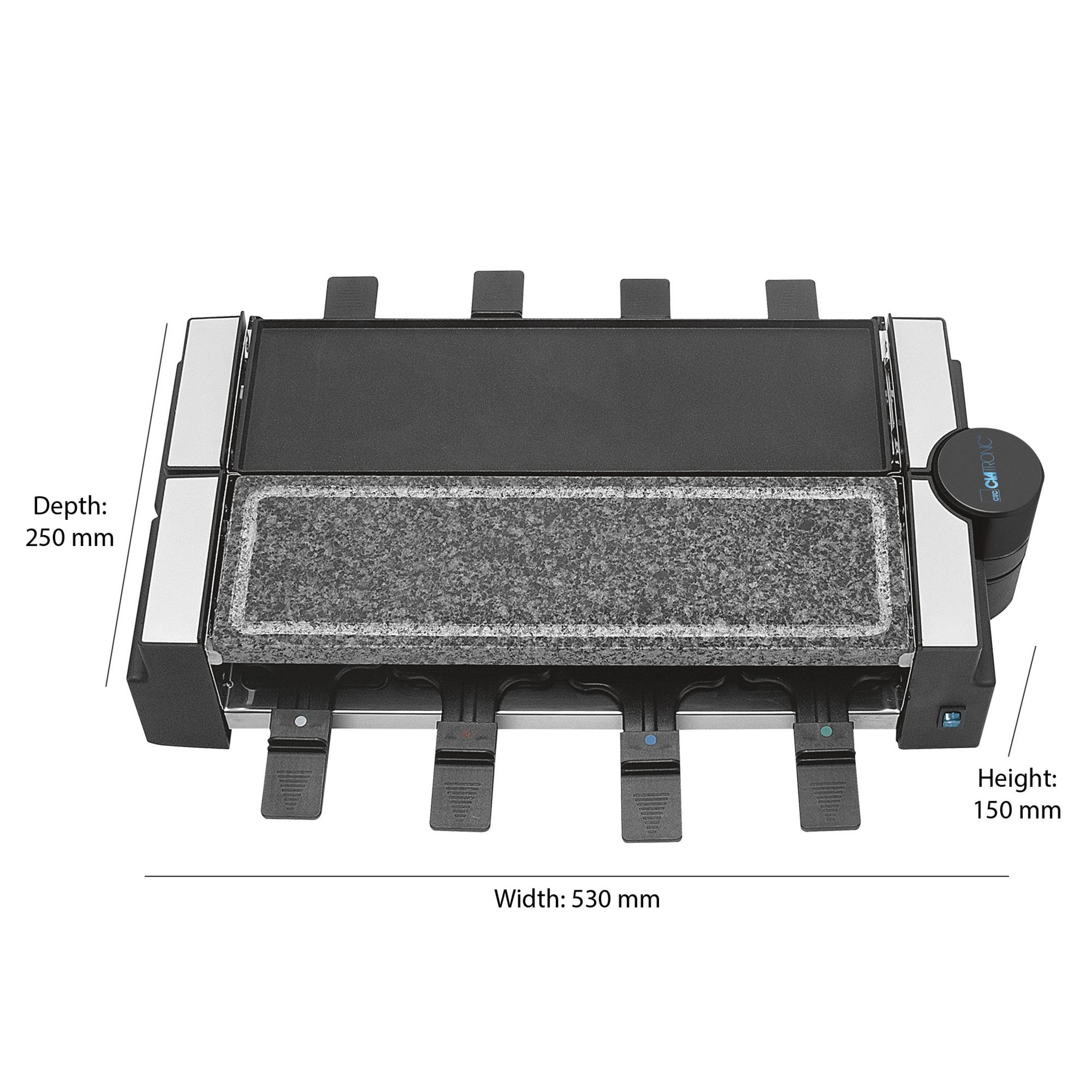 Grill do raclette z czarnymi i srebrnymi powierzchniami. Widoczne wymiary. Tło białe.
