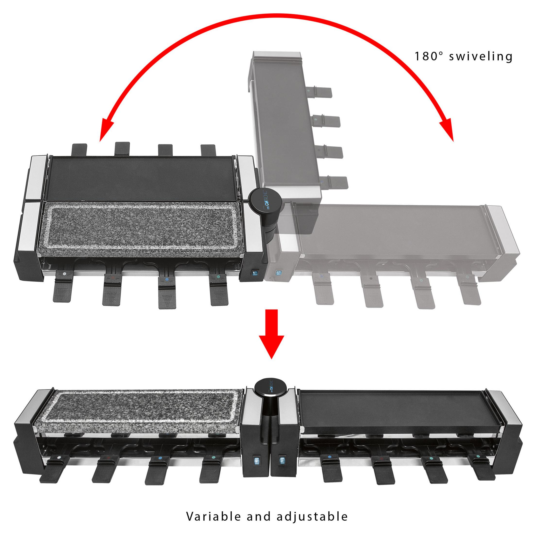 Grill do raclette z funkcjami obrotowymi i regulowanymi, pokazujący widoki z góry i z dołu.