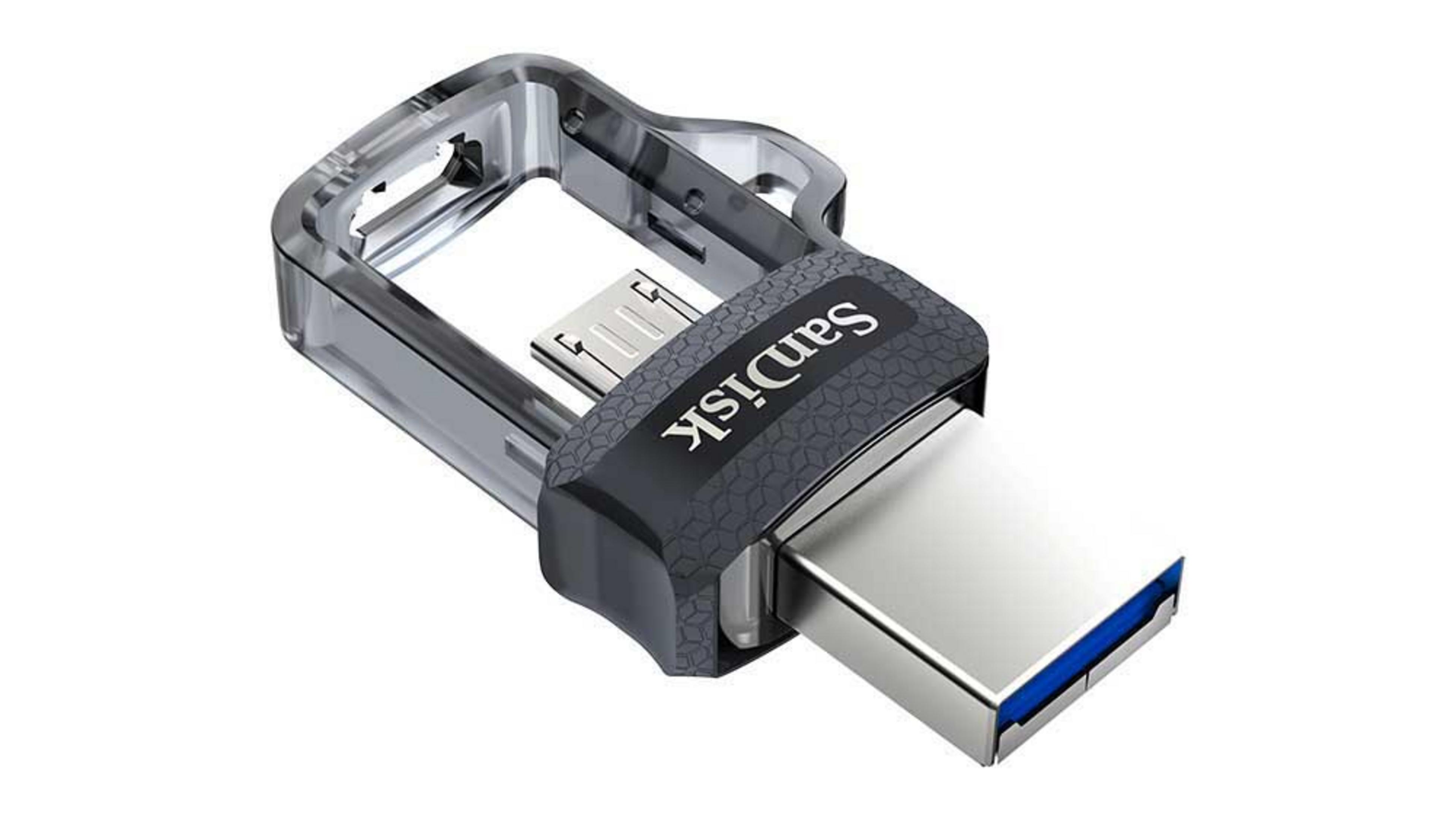 Dysk USB Sandisk z przezroczystym plastikiem i ciemnoszarą obudową.