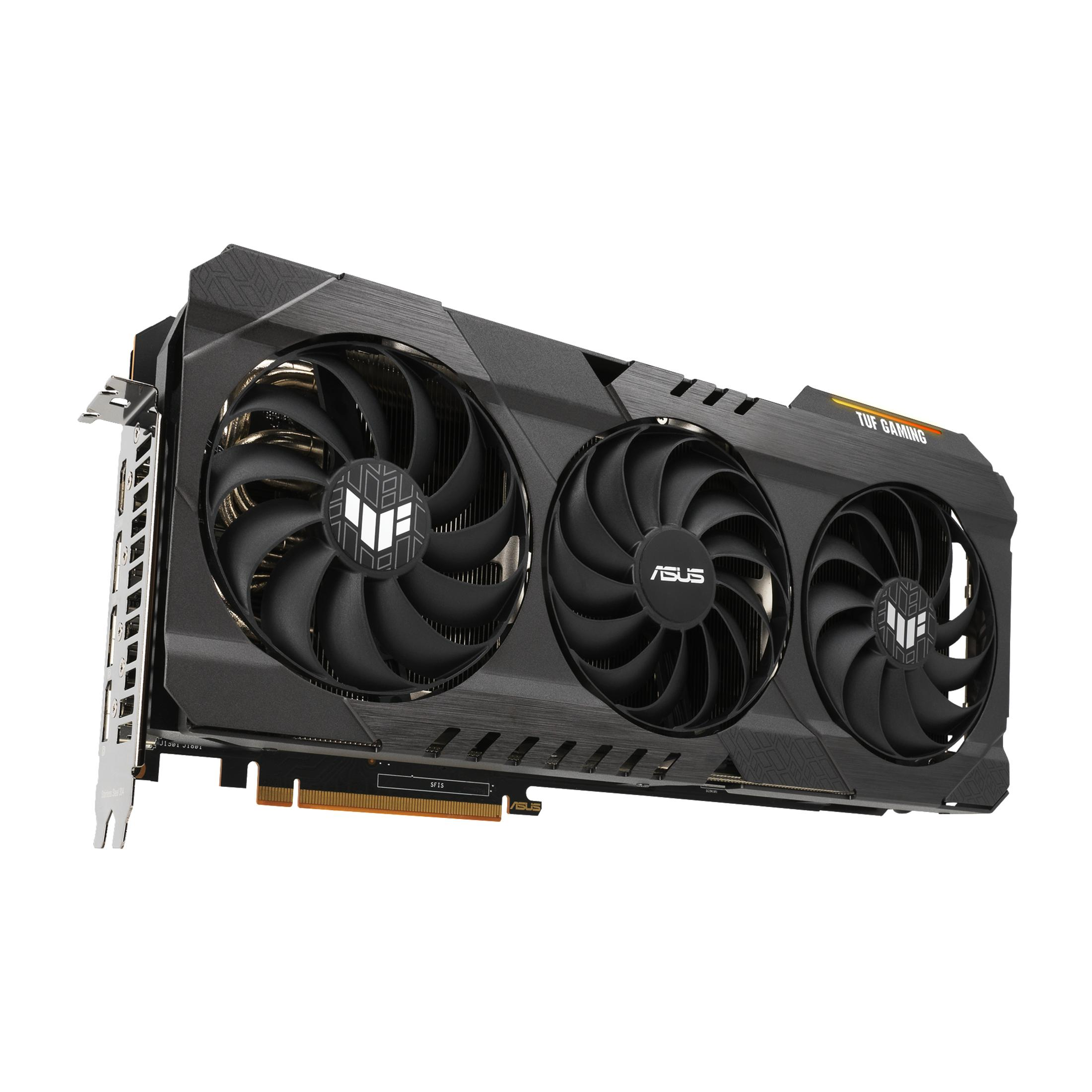 Scheda grafica nera e grigia con tre ventole. Testo: TUF GAMING e ASUS sono visibili.