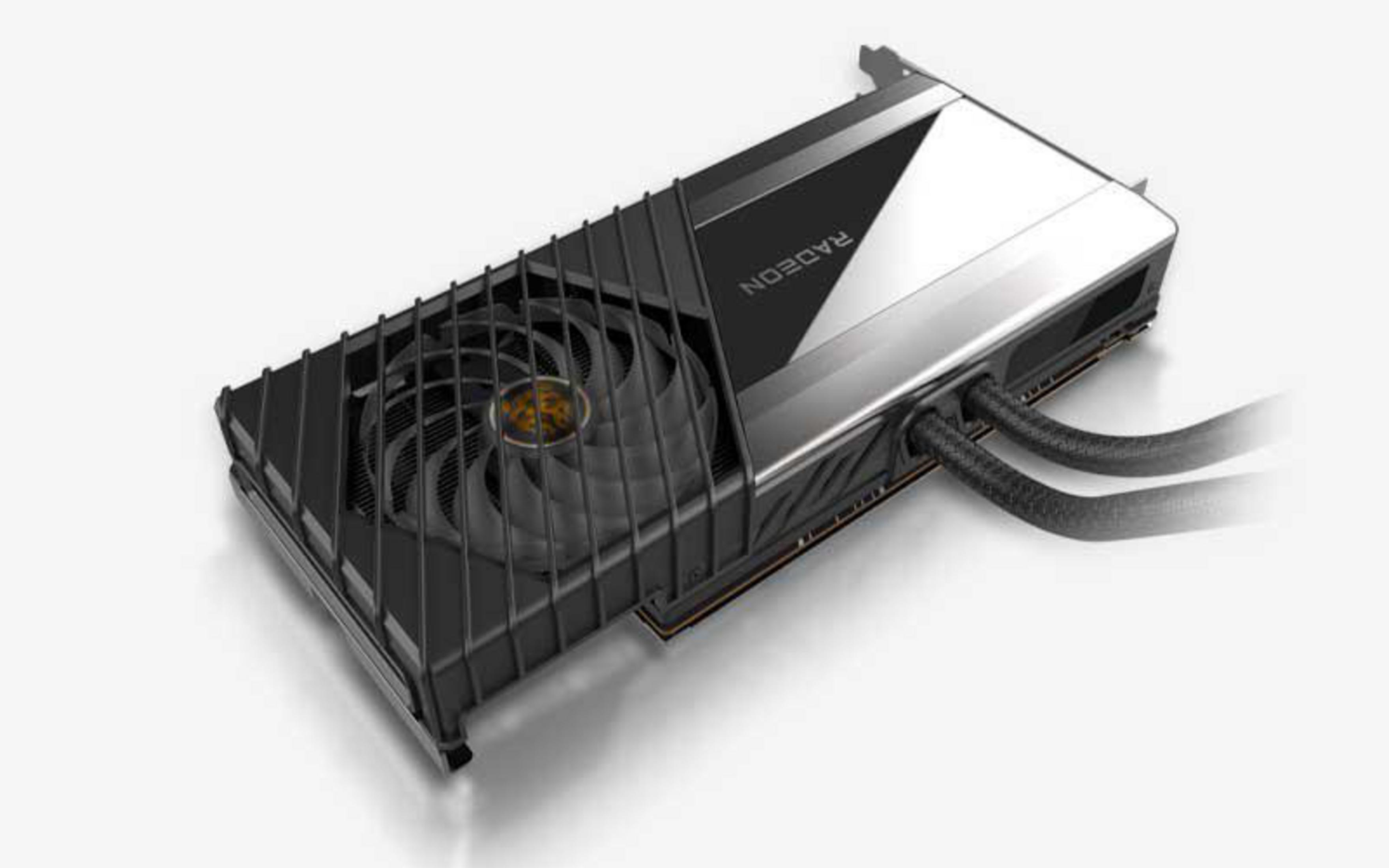 Una scheda grafica Radeon con design nero e argento. Ha una ventola e due tubi neri che escono dal lato.