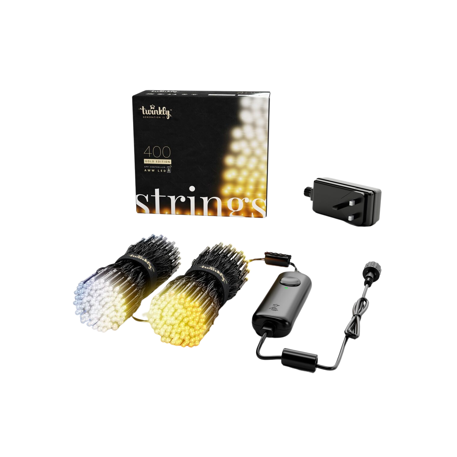 Zestaw lampek choinkowych Twinkly z jednostką sterującą, zasilaczem i dwoma wiązkami świateł.