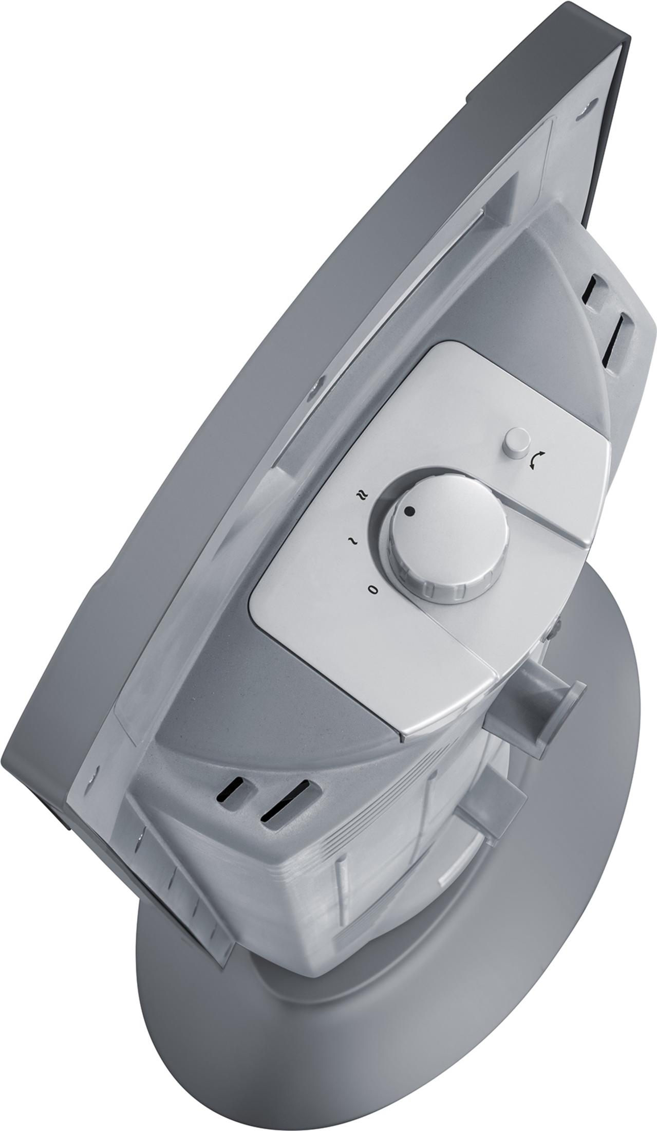 Draufsicht auf einen grau-weißen Ventilator. Er hat einen Drehregler mit Zahlen 0-2 und einen kleinen Knopf.