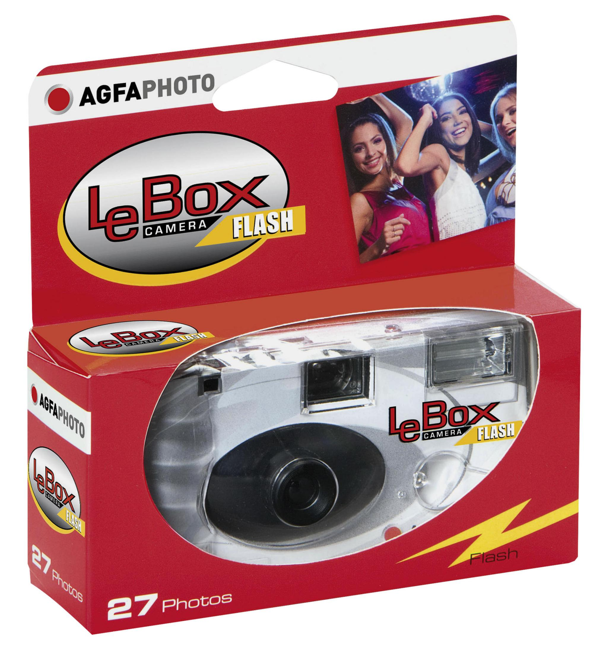 Confezione di una fotocamera AgfaPhoto Le Box con flash e 27 foto.