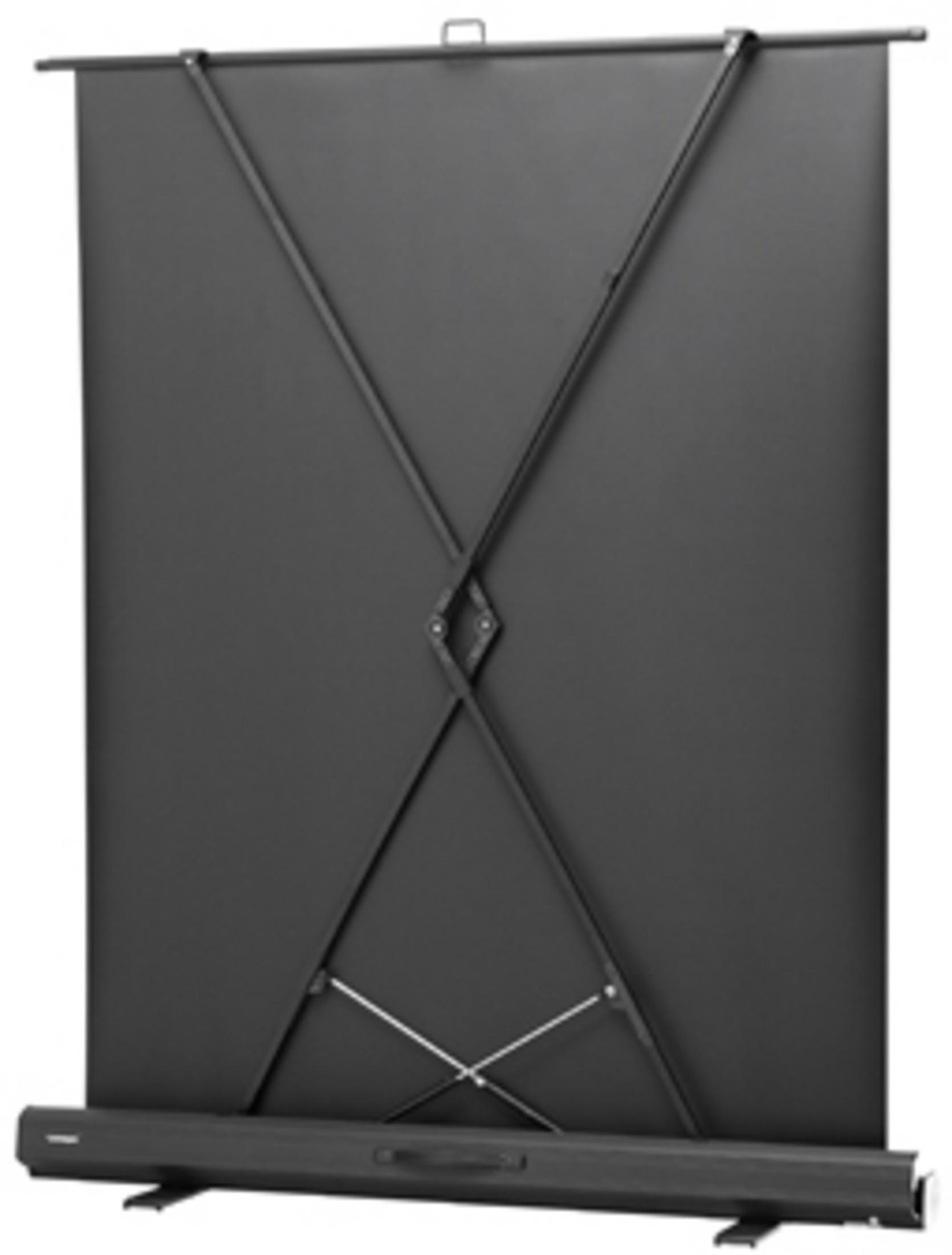 Schwarze tragbare Projektorleinwand mit X-förmigem Rahmen und einem Standfuß.