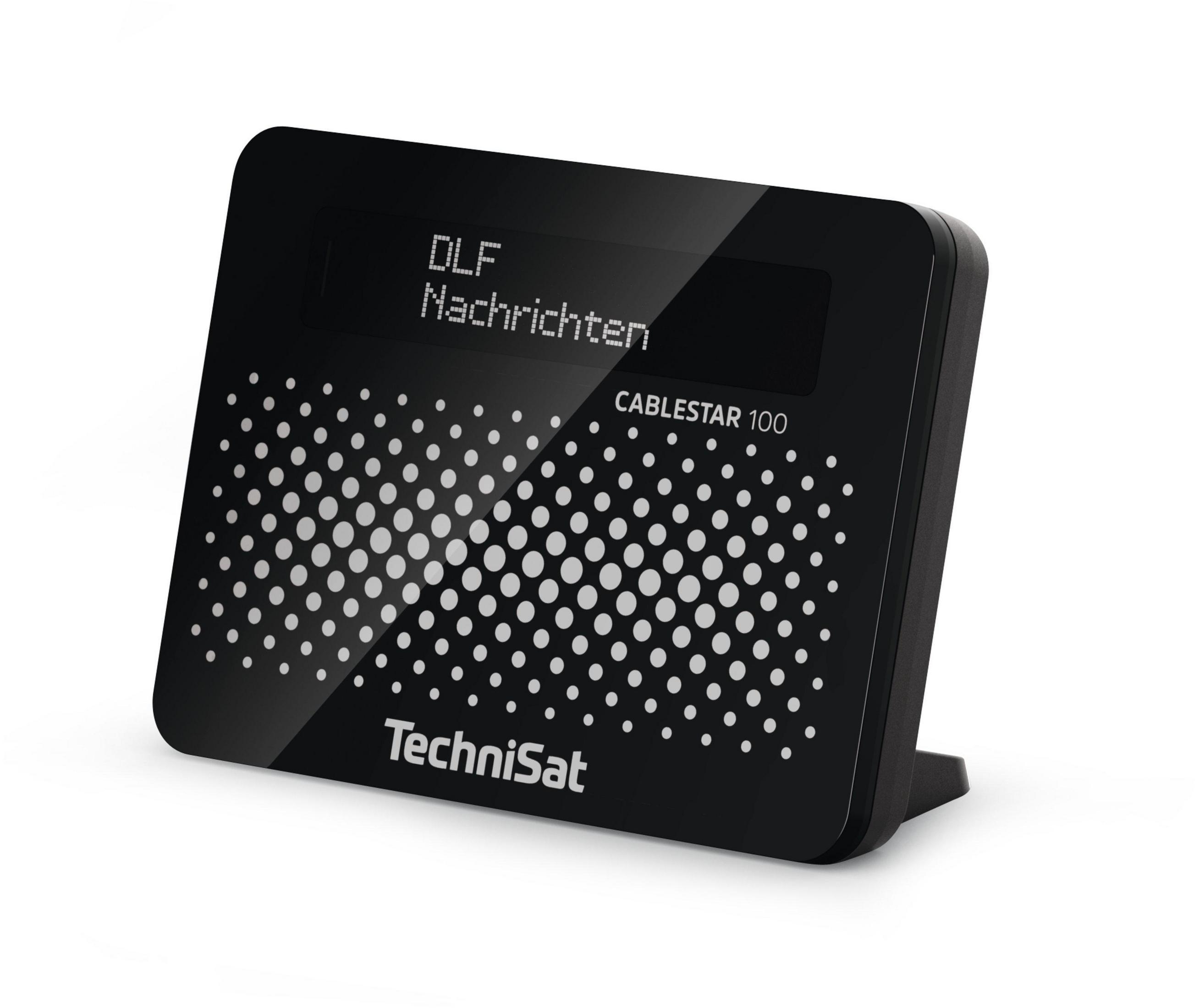 Radio TechniSat negro con pantalla que muestra "DLF Nachrichten" y el logo de Cablestar 100.