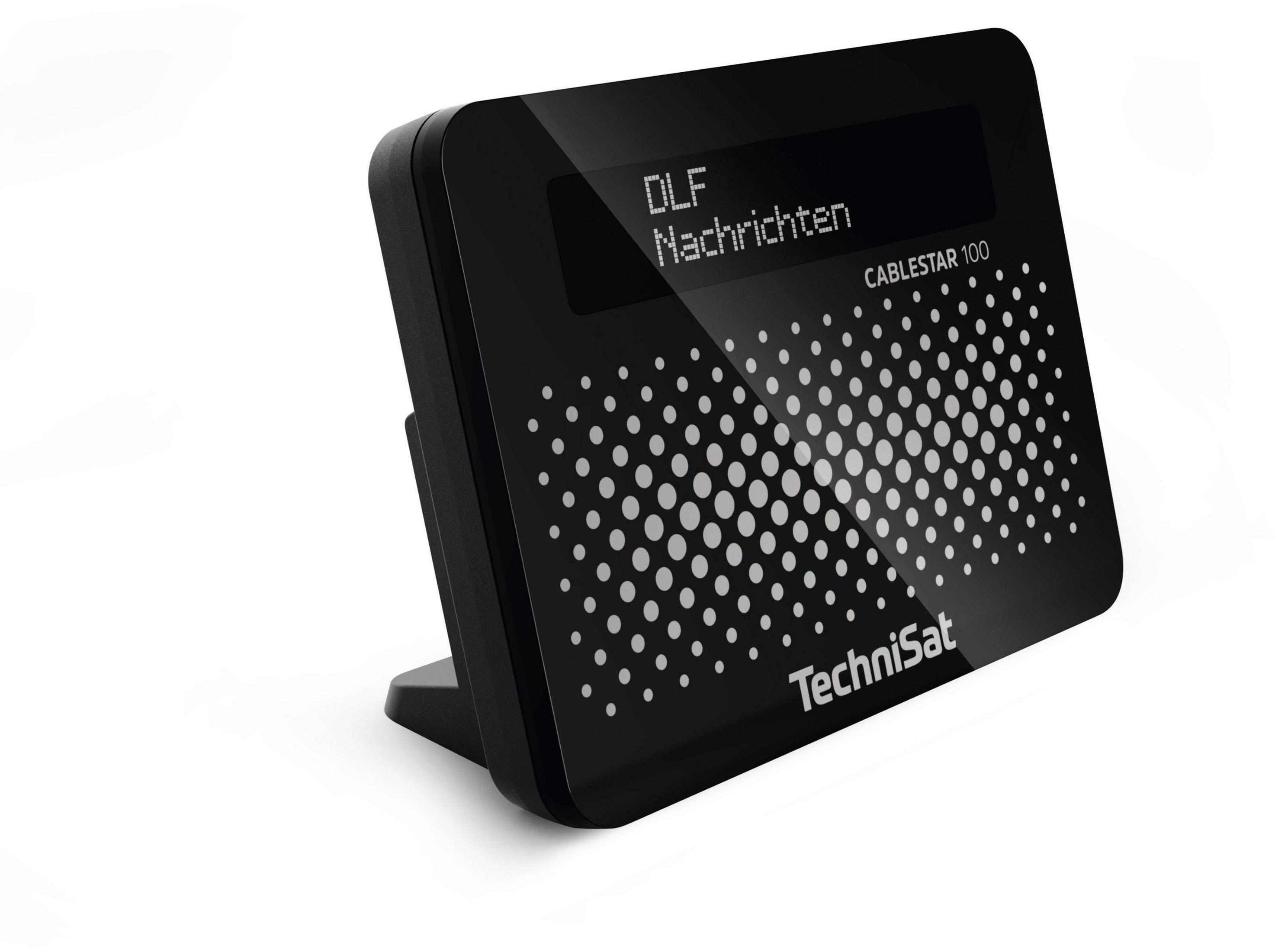 Radio digital negro con pantalla, mostrando 'DLF Nachrichten' y la marca 'TechniSat'.