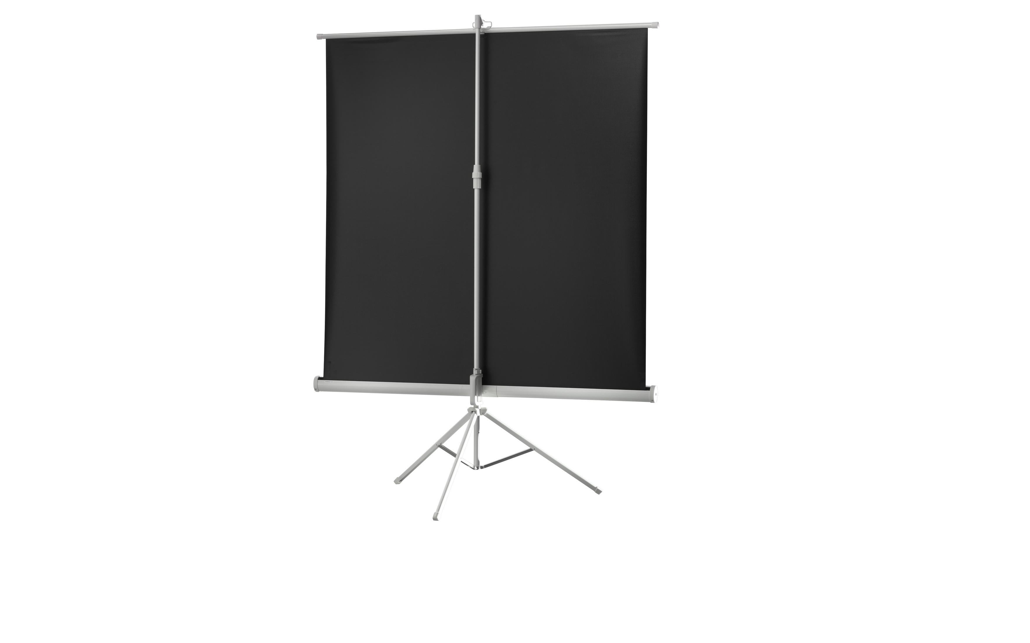 Eine schwarze Projektionsleinwand auf einem silbernen Stativ vor weißem Hintergrund.