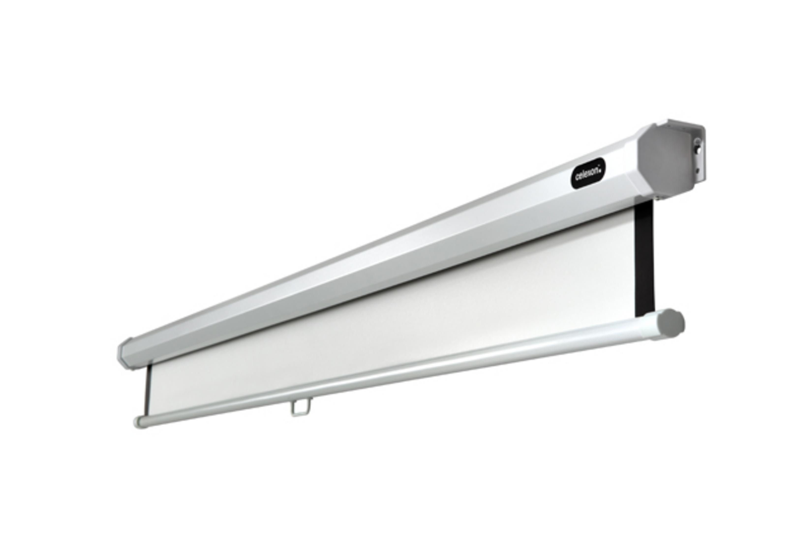 Biały ekran projekcyjny ze srebrną obudową, rozłożony i zamontowany na białym tle.