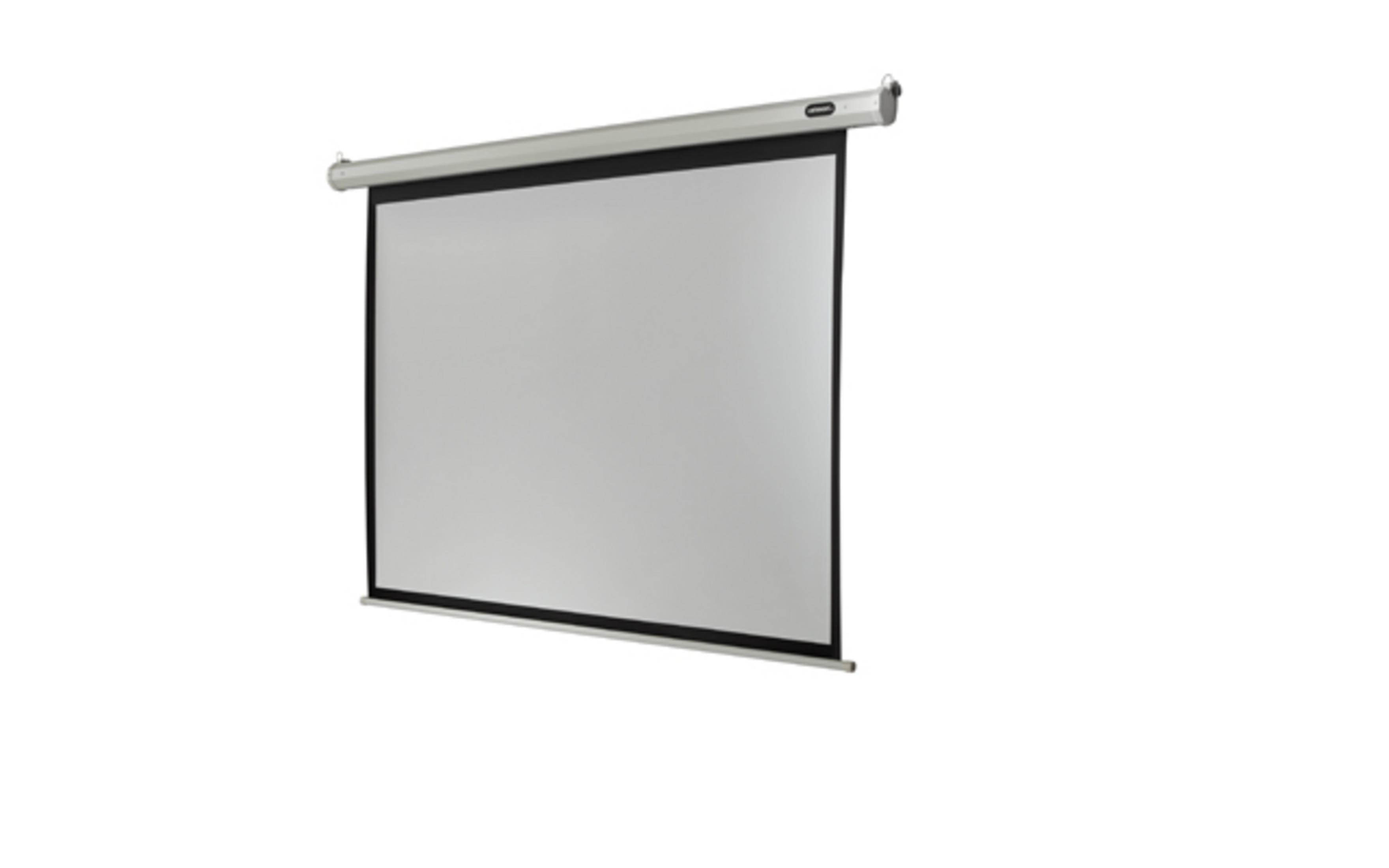 Eine weiße Projektorleinwand mit schwarzen Rändern, die von oben hängt.