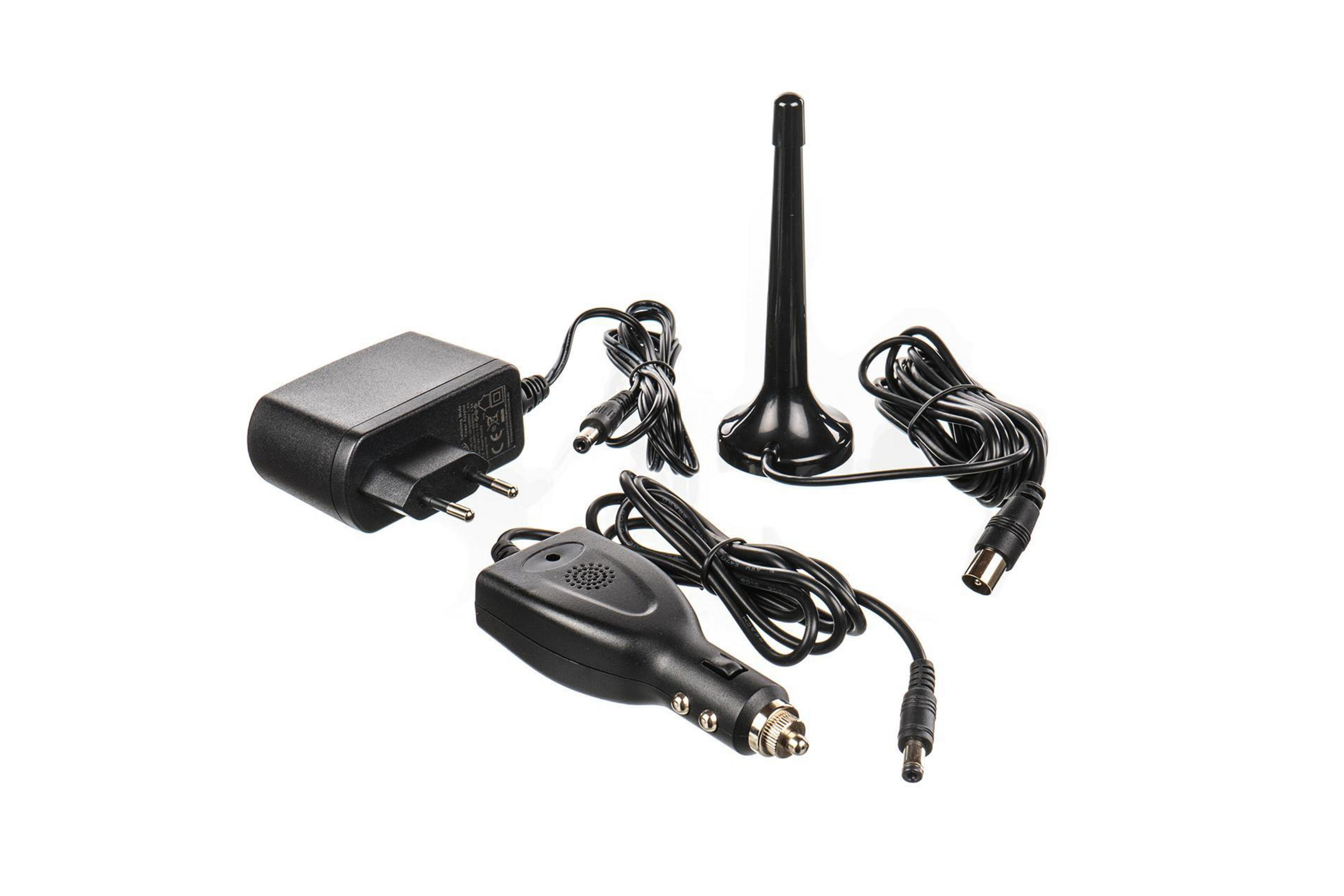 Schwarzes Netzteil, Autoladegerät, Antenne und Kabel auf weißem Hintergrund.