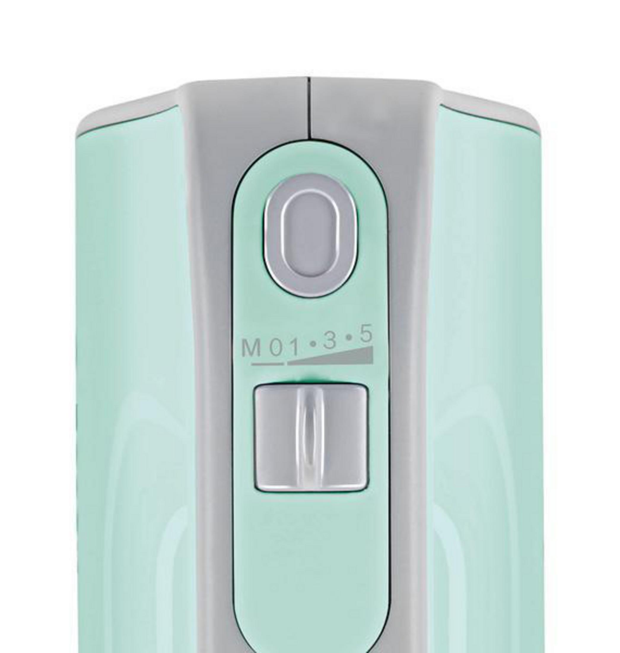 Close-up of a mint-green and gray hand mixer with speed settings and a control button.