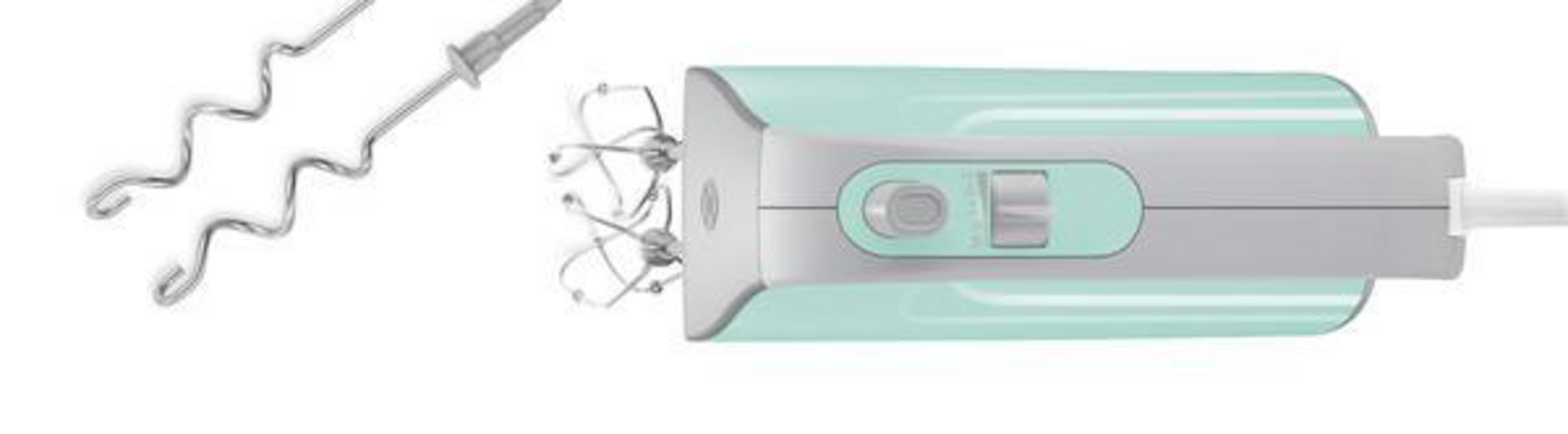 A hand mixer with two beaters detached. The mixer is teal and gray, with a white background.