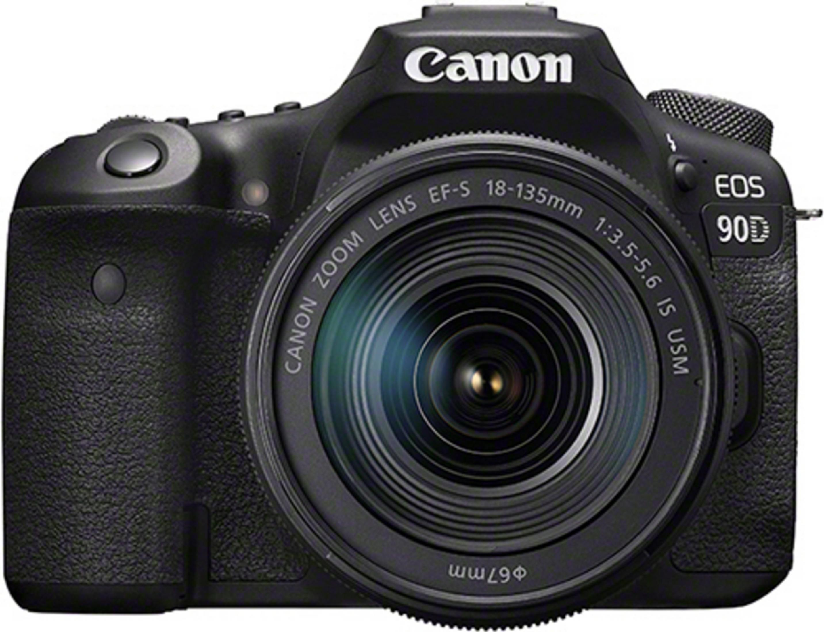 Schwarze Canon EOS 90D Kamera mit Zoomobjektiv, direkt auf den Betrachter gerichtet.
