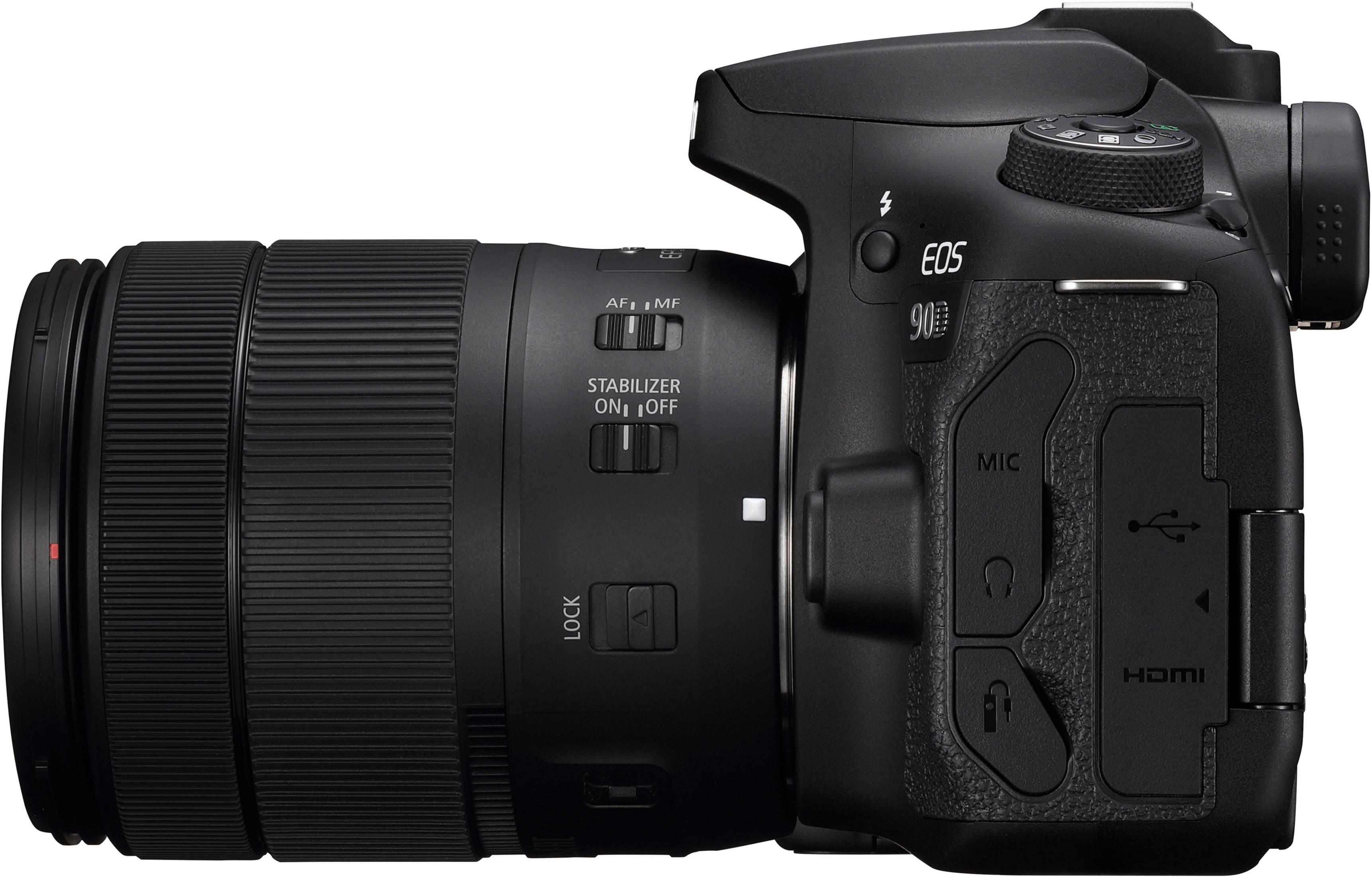 Schwarze Canon EOS 90D Kamera mit Objektiv. Knöpfe und Räder sind an der Seite und oben sichtbar.