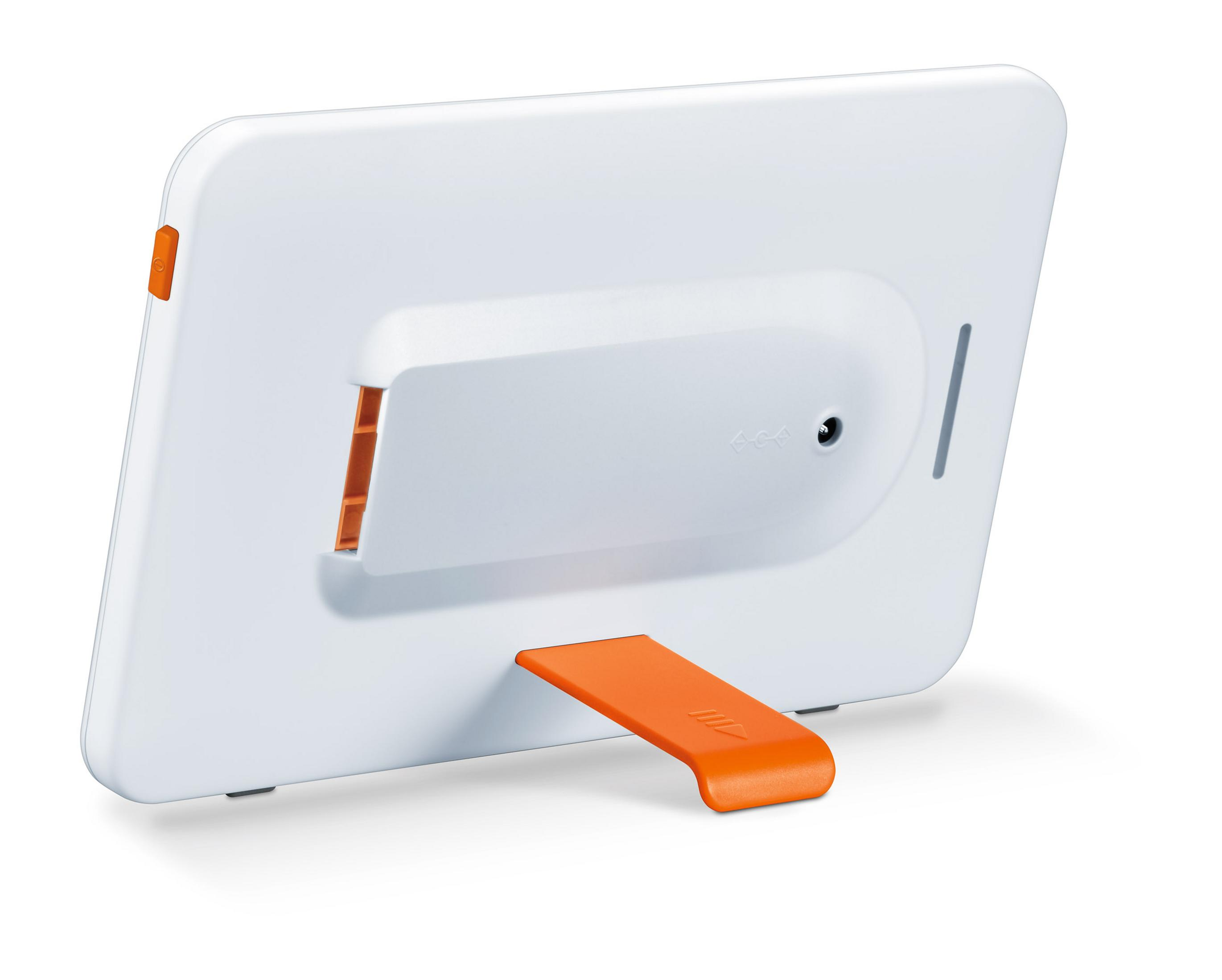 Weißes Gerät mit orangefarbenem Ständer auf weißer Oberfläche, wahrscheinlich digitaler Bilderrahmen.