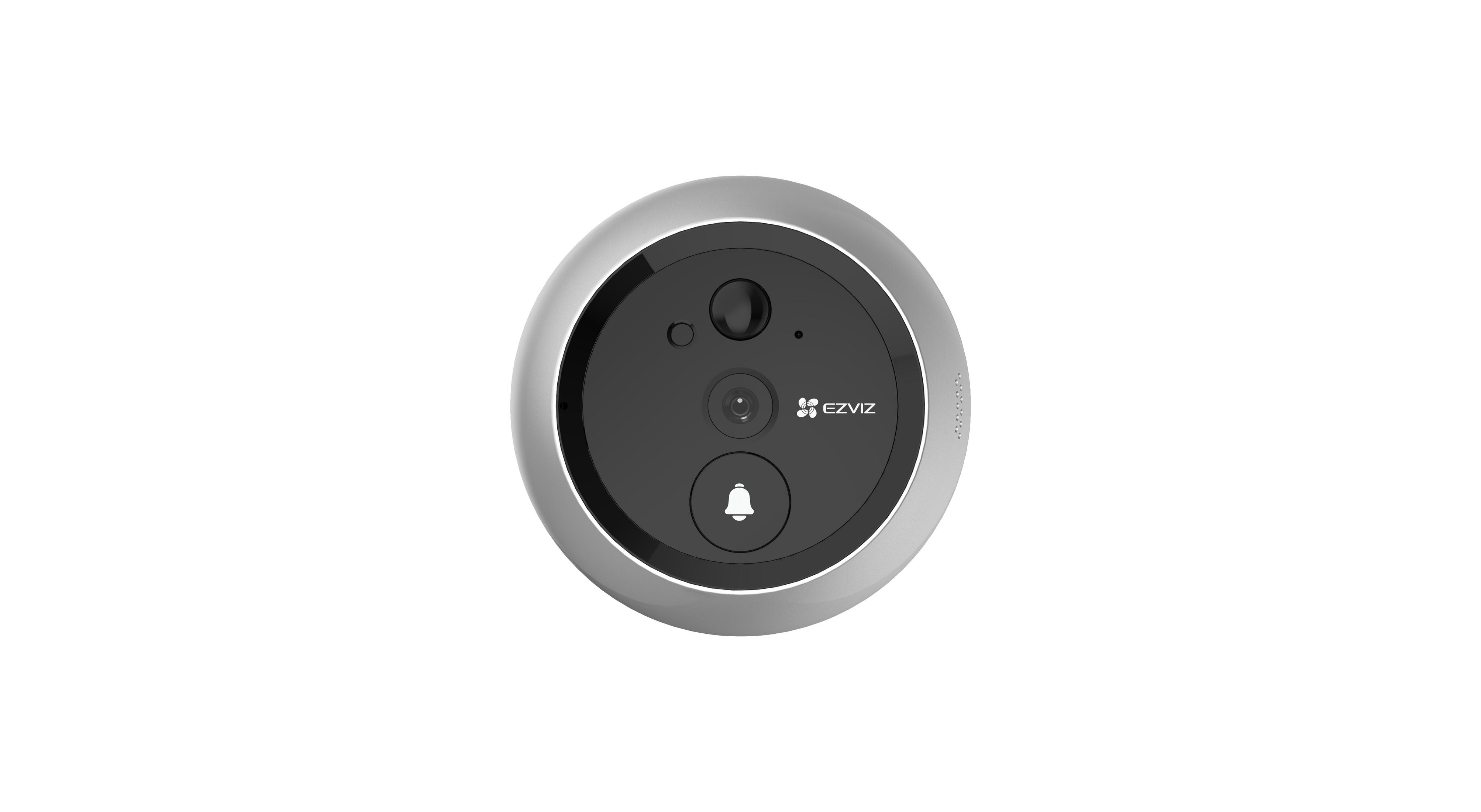 Timbre EZVIZ redondo con cámara, botón de timbre y borde plateado sobre fondo blanco.