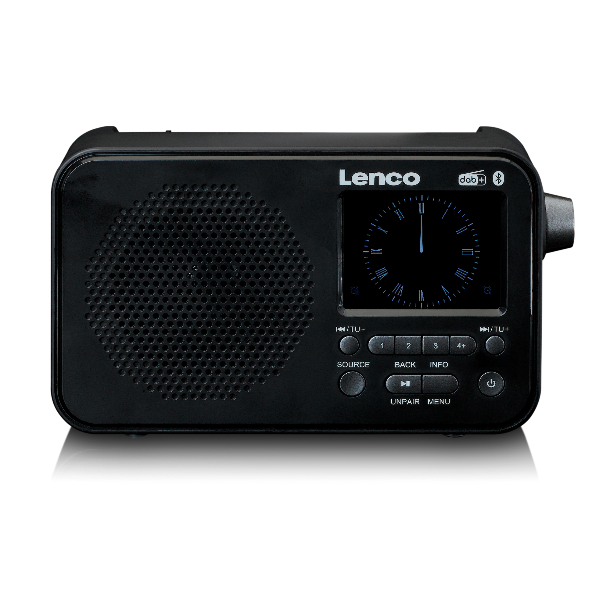 Radio noire avec écran et boutons. Fond blanc.