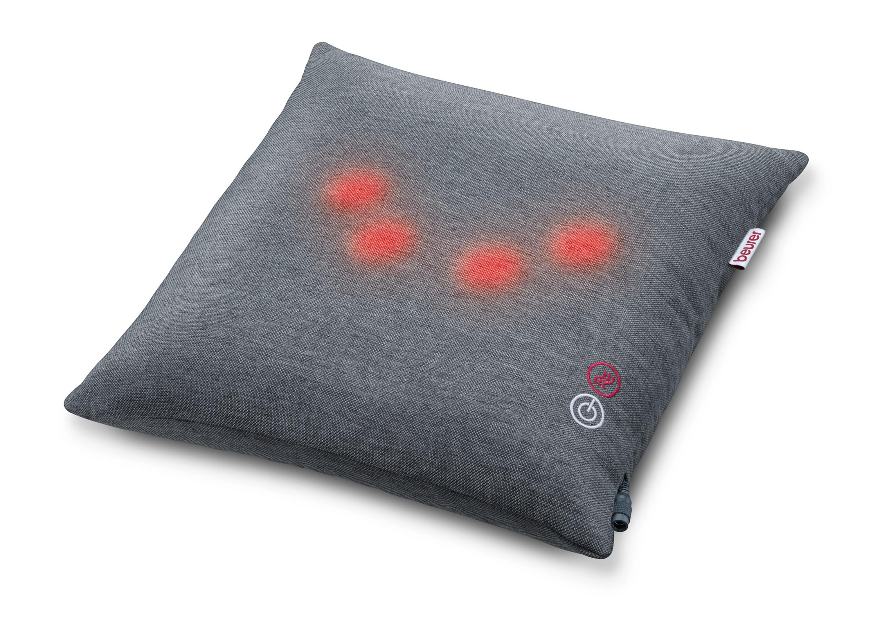 Graues Massagekissen mit roten Lichtkreisen. Weißer Hintergrund. Marke Beurer.