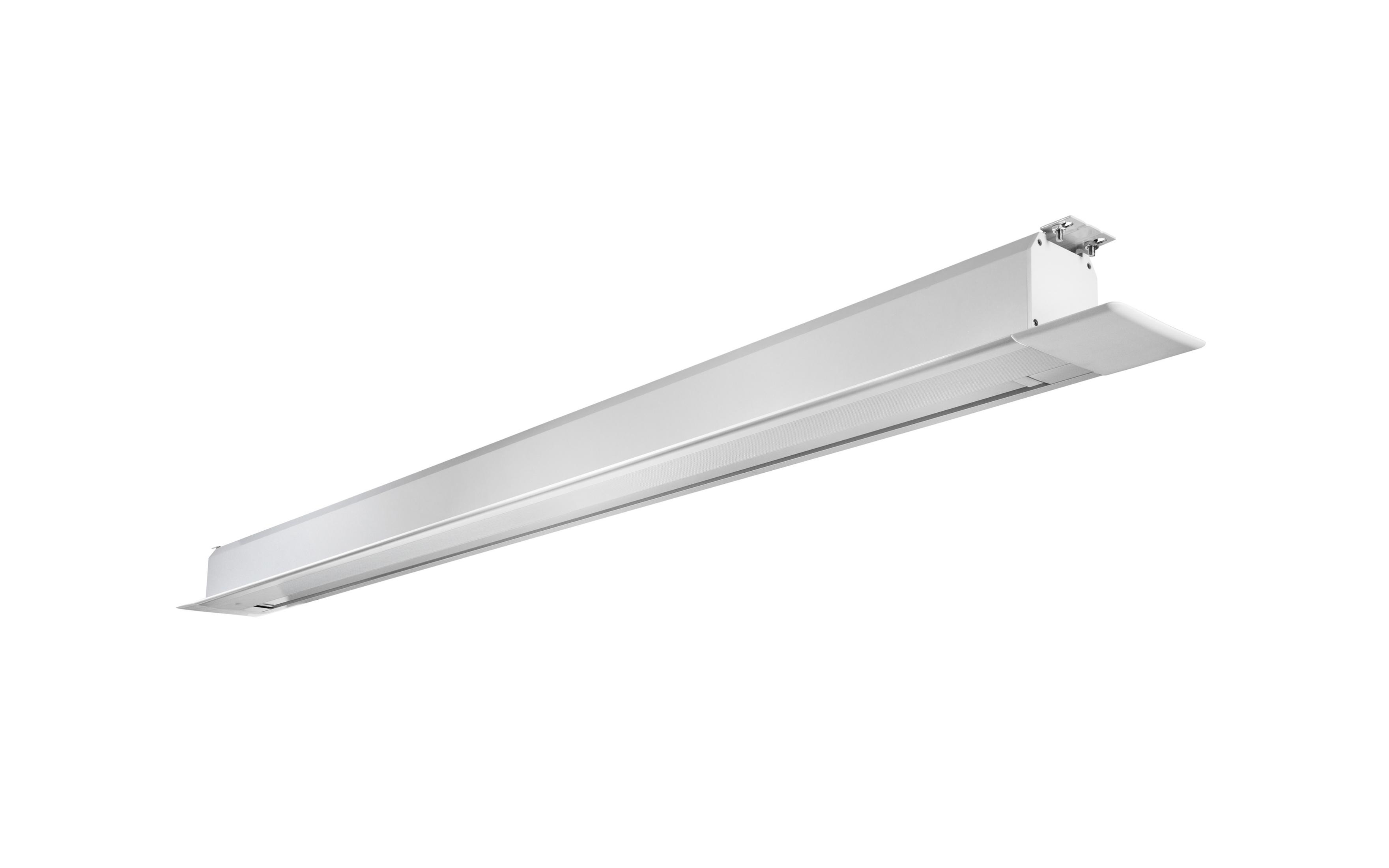 Eine weiße, lange, dünne LED-Leuchte, schräg vor weißem Hintergrund. Schlank und modern.