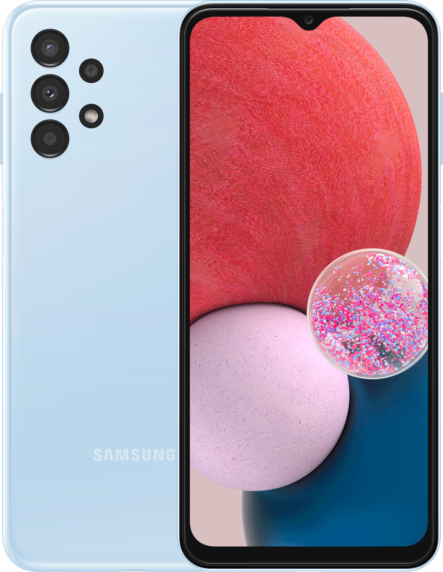 Lichtblauwe Samsung-telefoon met meerdere camera's aan de achterkant. De voorkant toont een scherm met een roze bal.