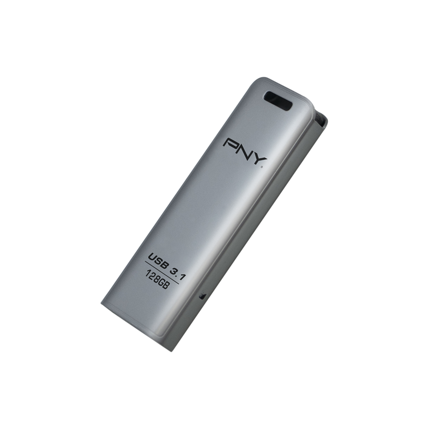 Srebrny pendrive PNY na czarnym tle. Dysk ma etykietę USB 3.1 i pojemność 128 GB.