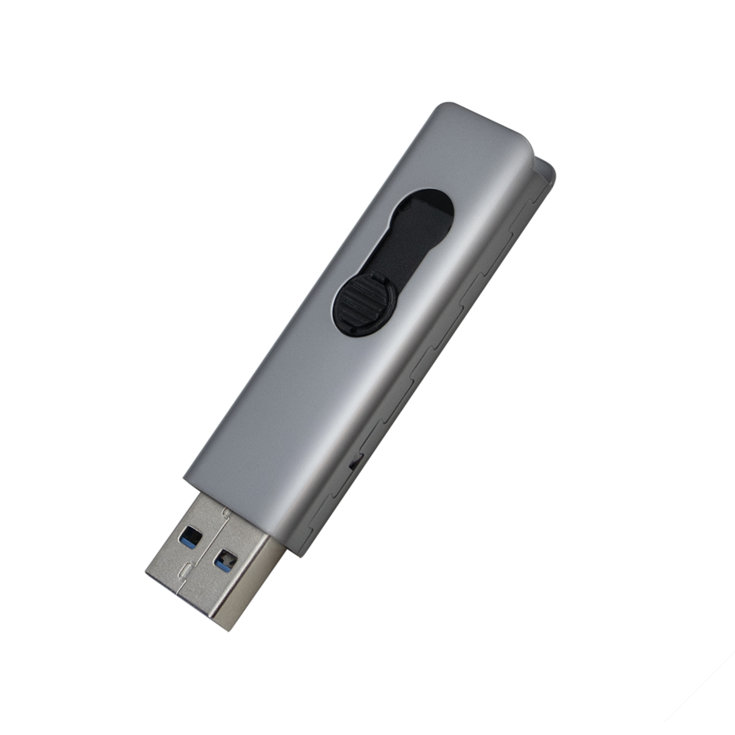 Srebrny pendrive USB na czarnym tle. Pokazuje złącze USB i przycisk.