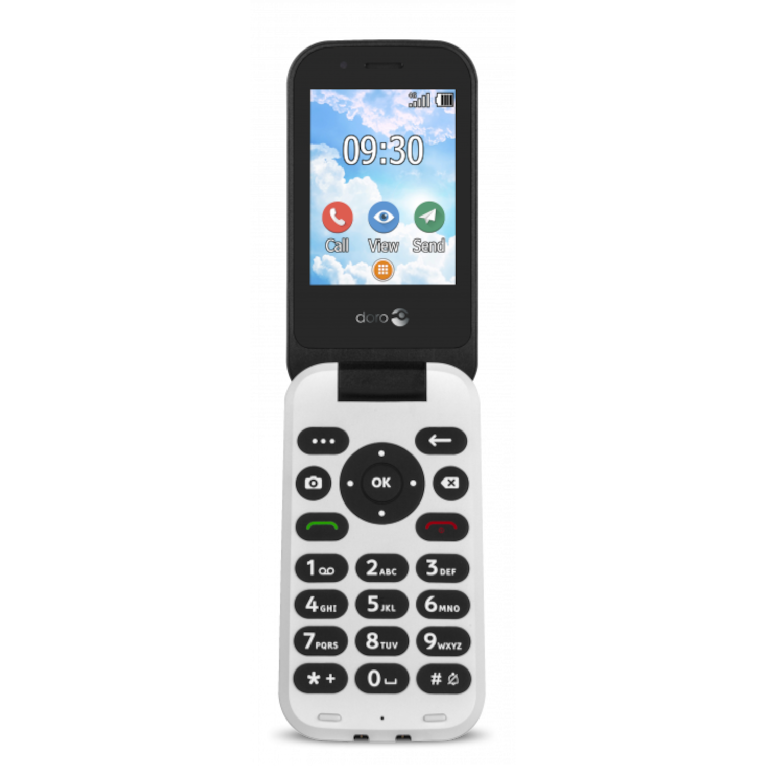 Otwarty telefon z klapką, pokazujący ekran z opcjami czasu, połączenia, widoku i wysyłania.