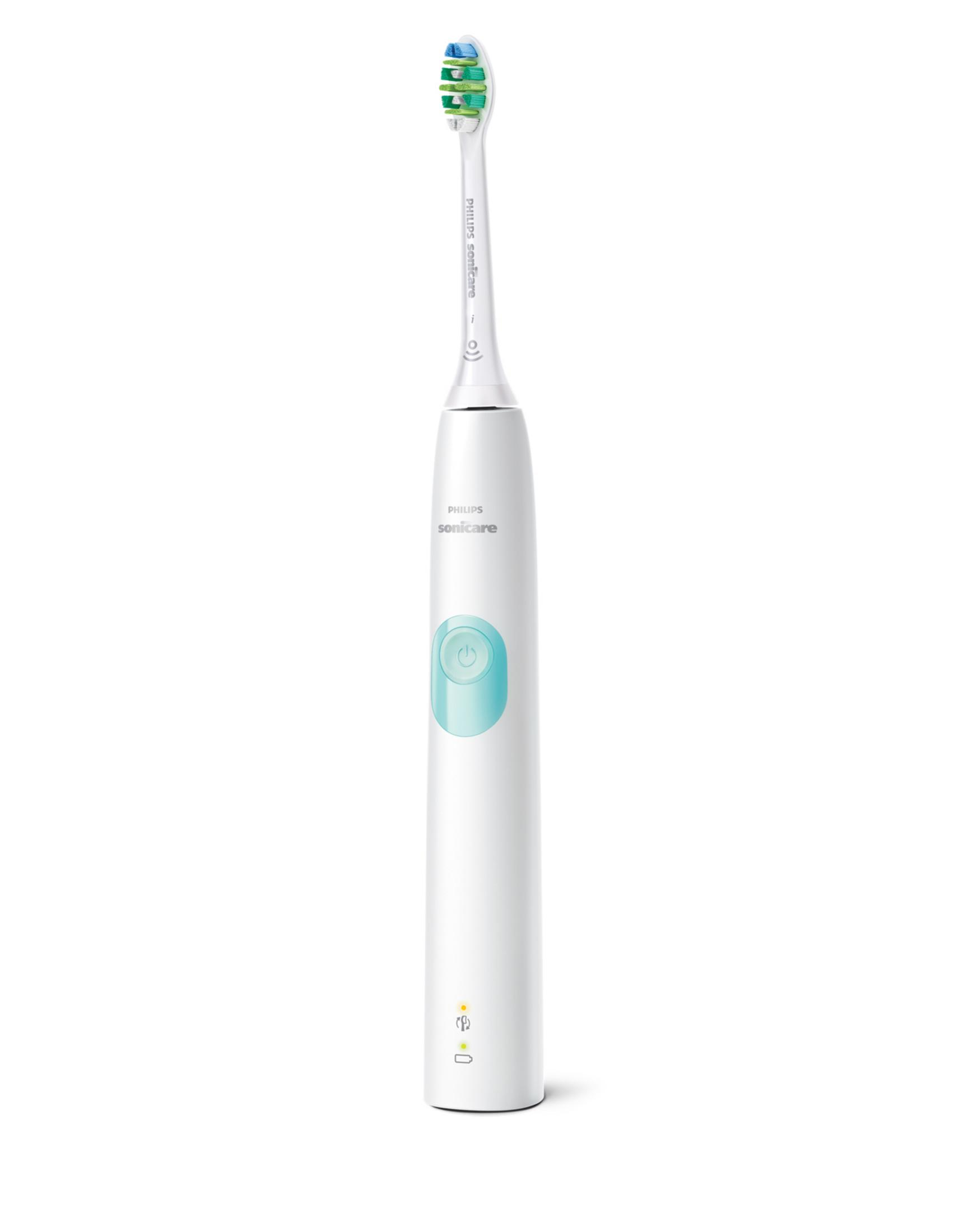 Uno spazzolino elettrico con corpo bianco, pulsante turchese e testina verde e blu.