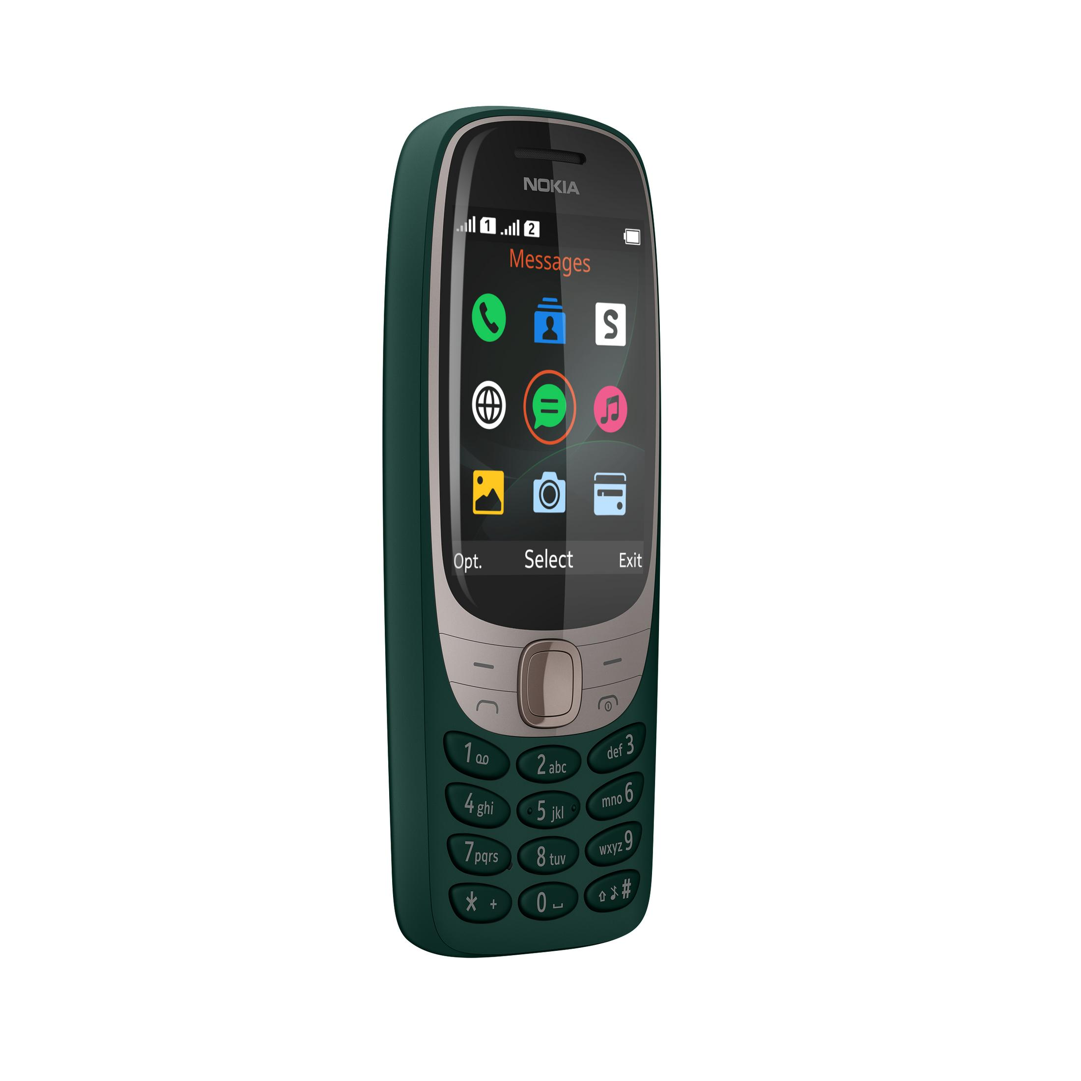 Un teléfono Nokia verde con teclado y pantalla con iconos de aplicaciones. Tiene un diseño clásico.