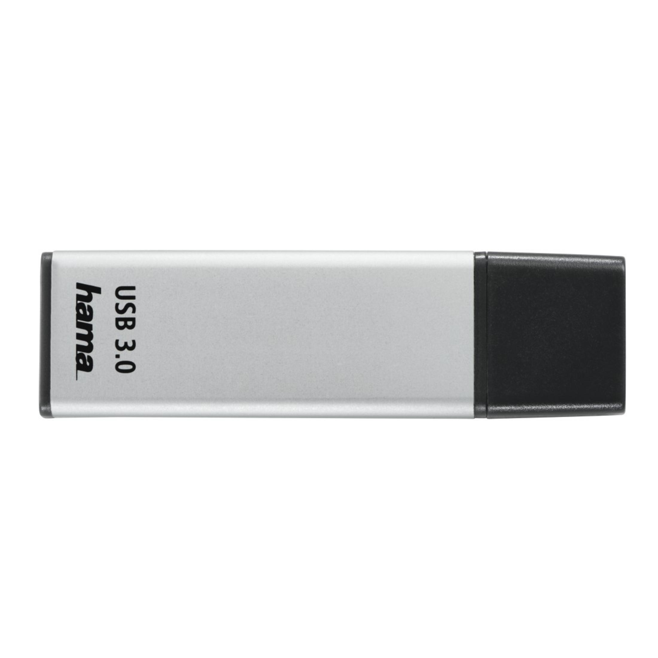 Silberner USB 3.0-Flash-Laufwerk von hama mit schwarzem Ende, horizontal auf einer weißen Oberfläche liegend.