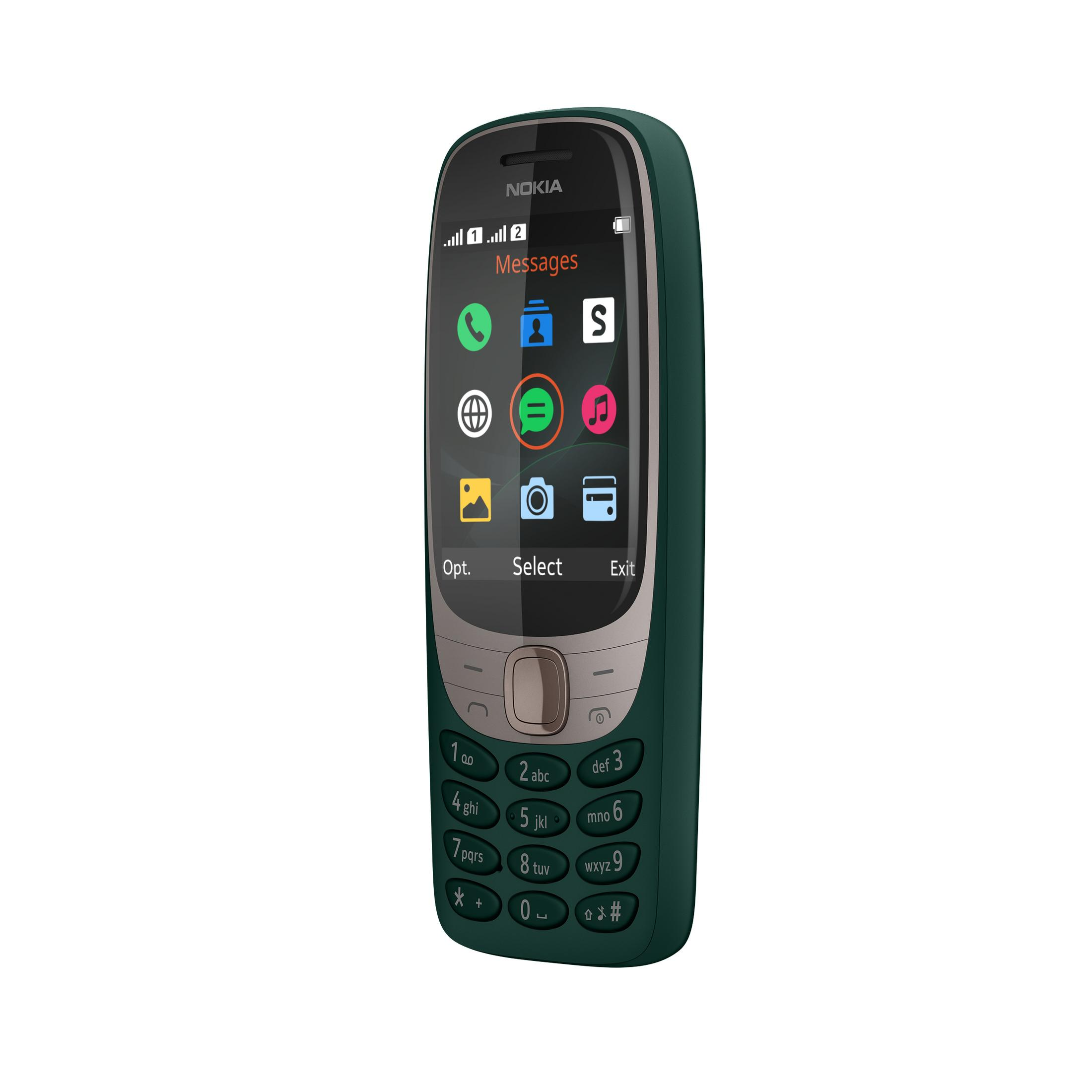 Un teléfono Nokia verde oscuro con pantalla que muestra mensajes. El teléfono tiene un diseño de botones clásico.