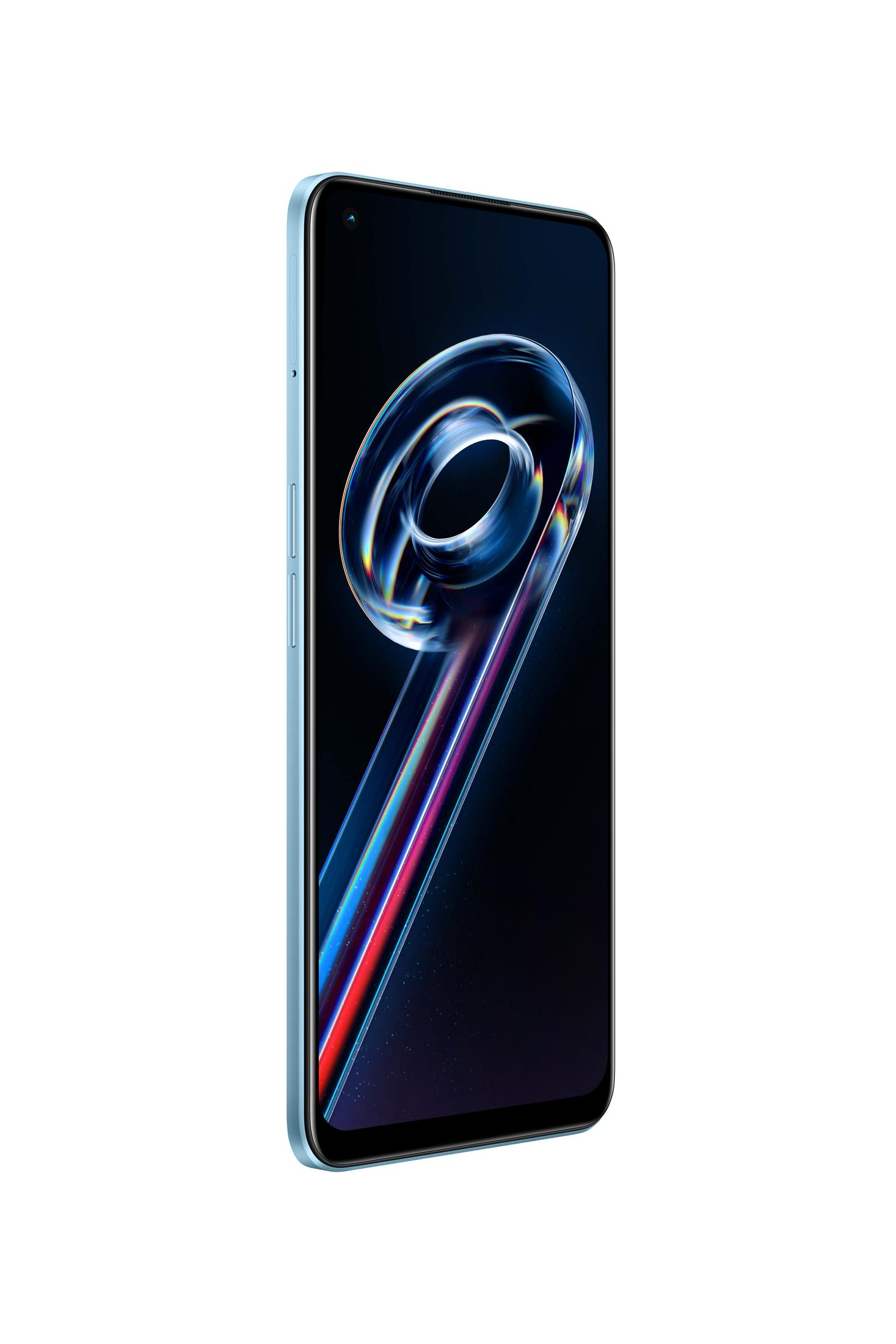 Blaues Smartphone mit Wirbeldesign auf dem Bildschirm. Das Telefon vor weißem Hintergrund.
