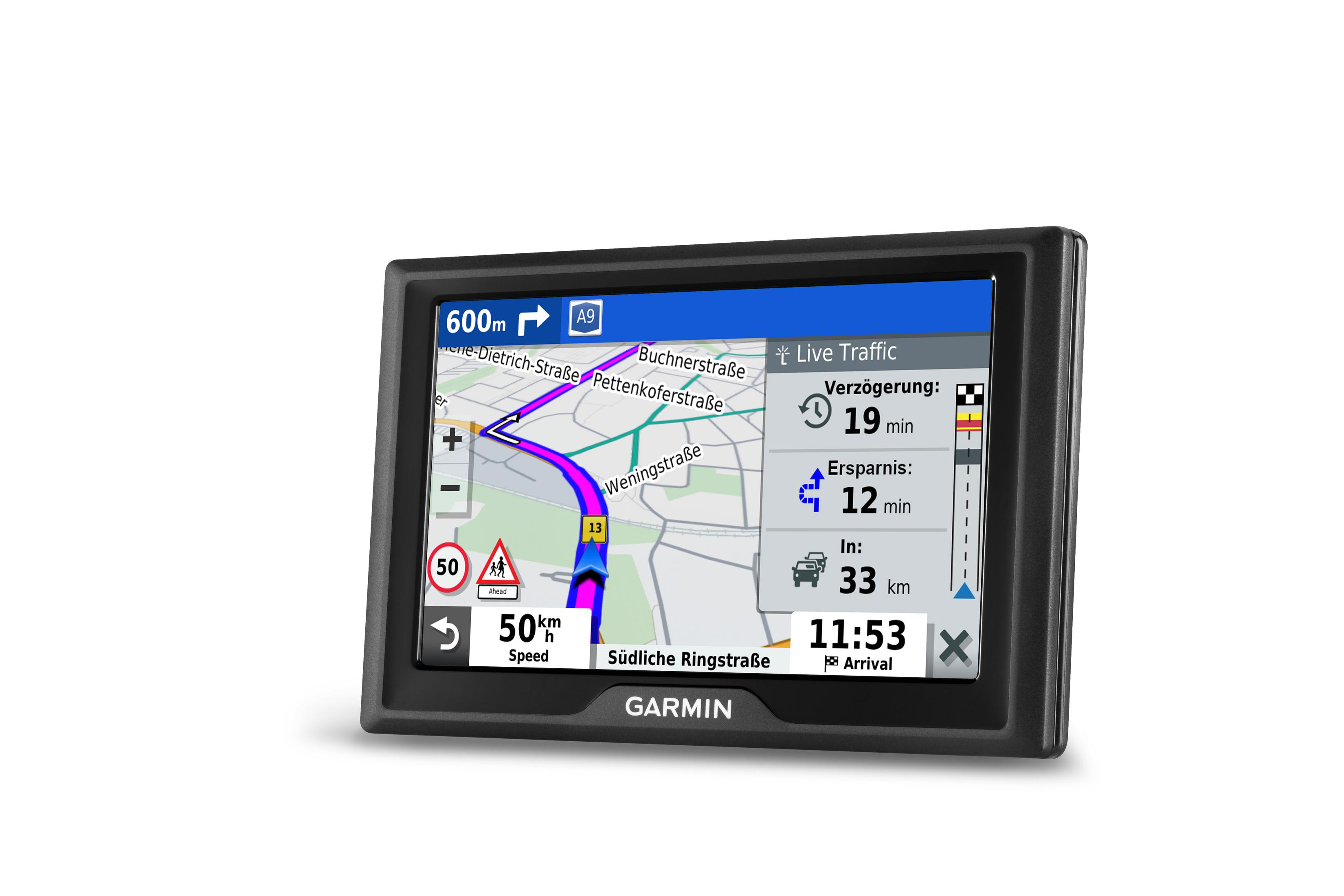 Dispositivo GPS negro con una pantalla que muestra un mapa y direcciones.