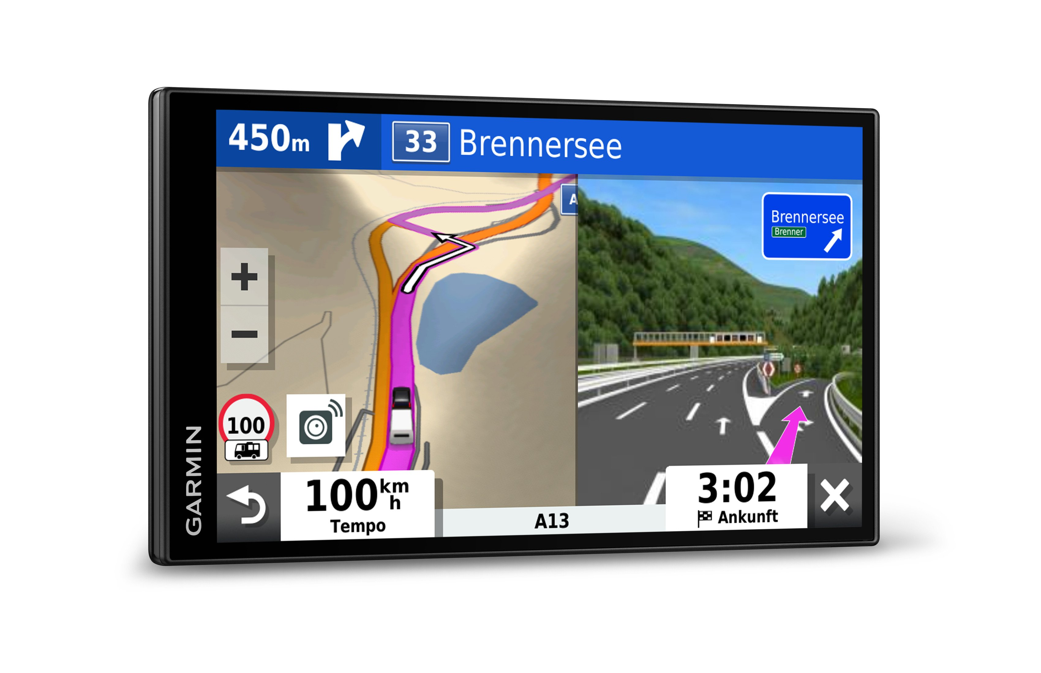 GPS-Gerät mit Kartenansicht, Routen- und Zielinformationen. Garmin-Logo sichtbar.
